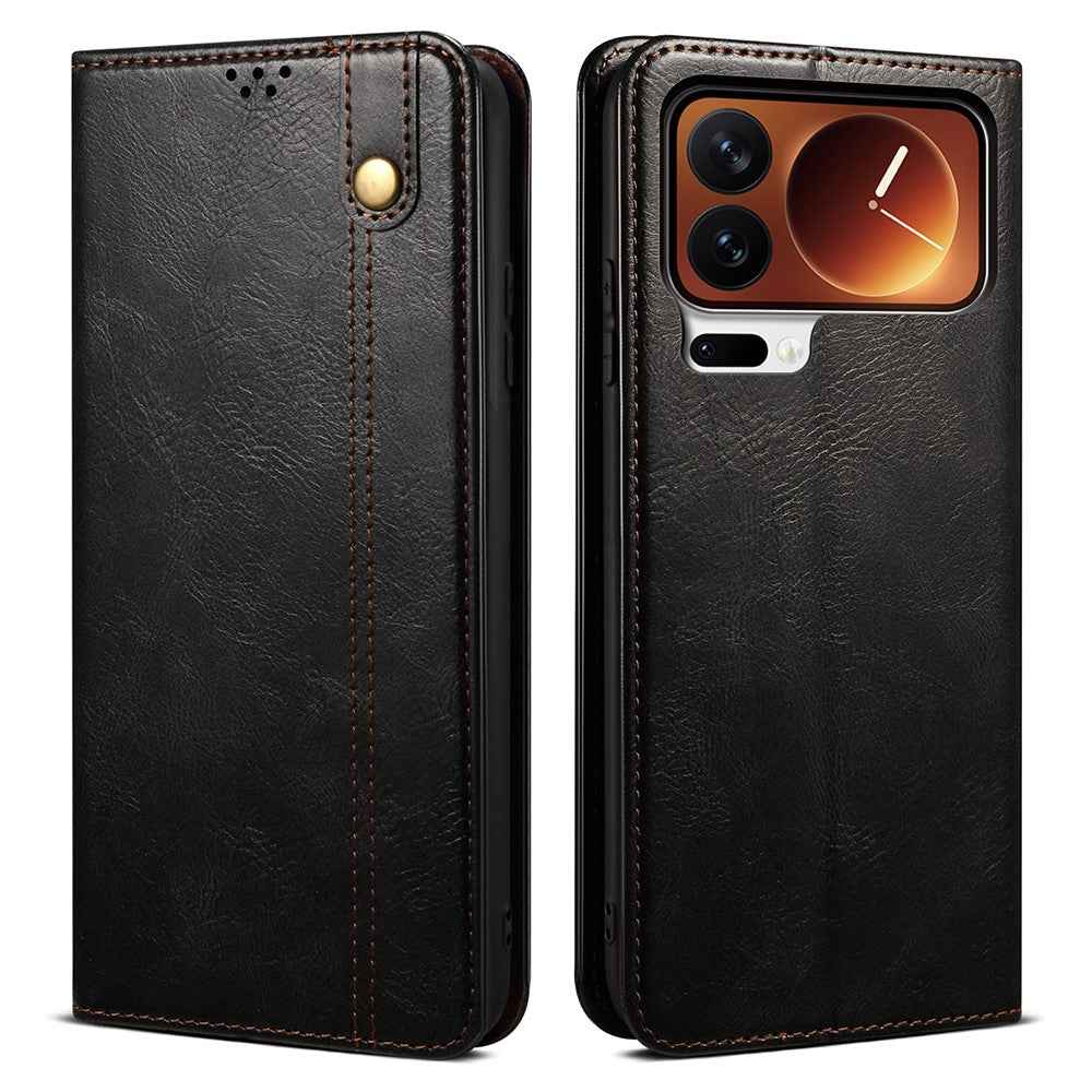 For Xiaomi 17 Pro Case Crazy Horse Texture Waxy Leather Wallet Stand Phone Cover - Black