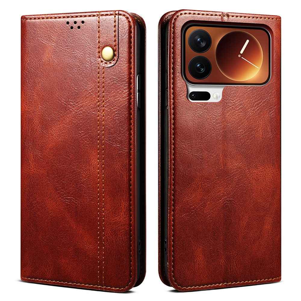 For Xiaomi 17 Pro Case Crazy Horse Texture Waxy Leather Wallet Stand Phone Cover - Brown
