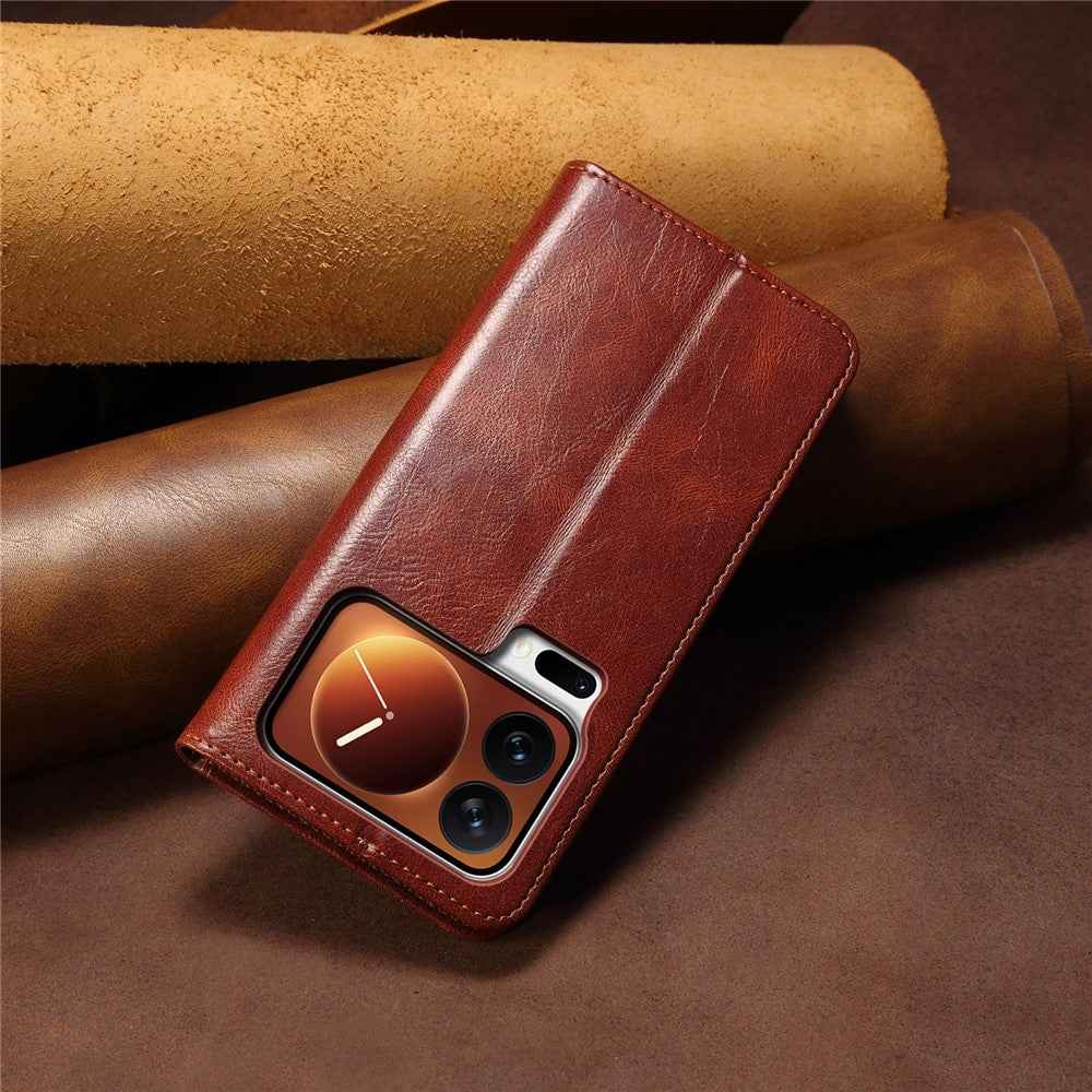 For Xiaomi 17 Pro Case Crazy Horse Texture Waxy Leather Wallet Stand Phone Cover - Brown