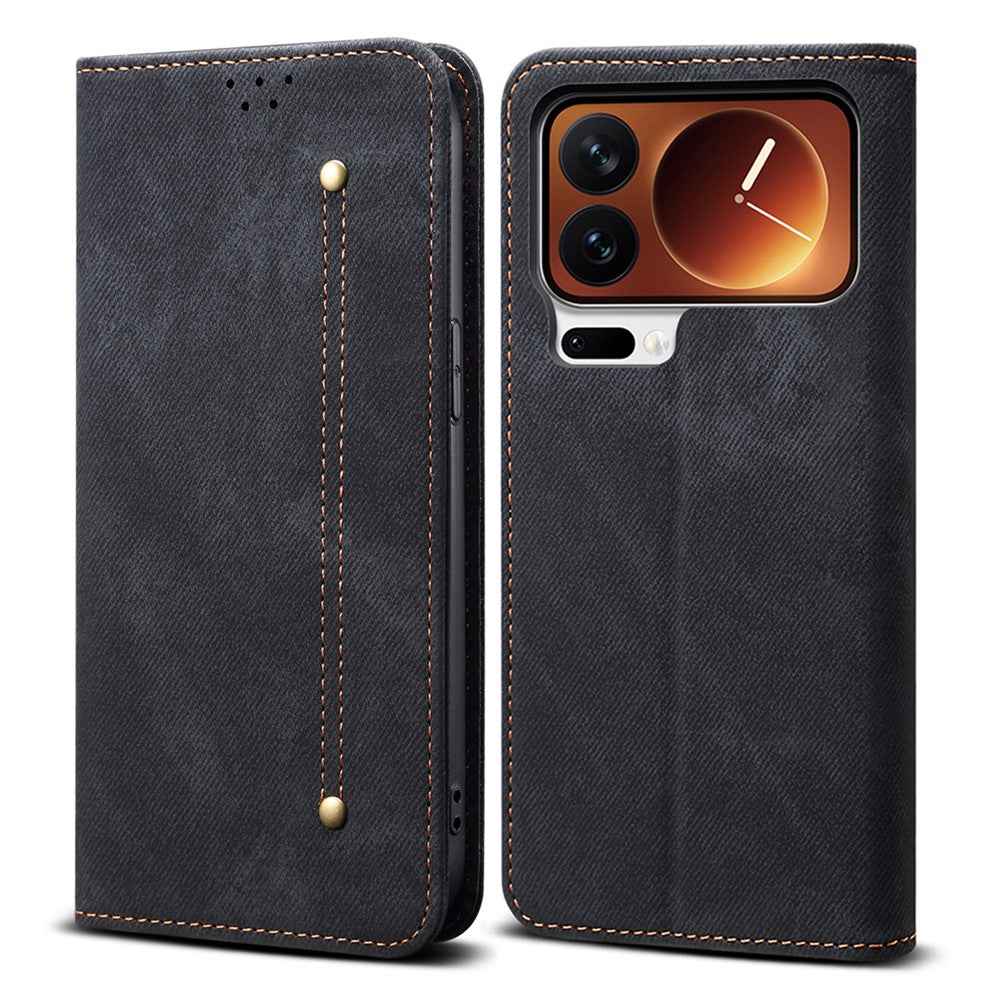 For Xiaomi 17 Pro Case Jeans Cloth Texture Anti-Scratch Leather Stand Phone Cover - Black