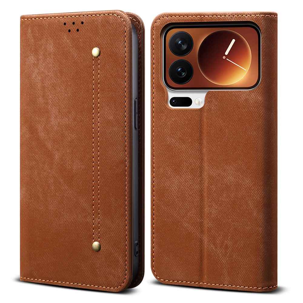 For Xiaomi 17 Pro Case Jeans Cloth Texture Anti-Scratch Leather Stand Phone Cover - Coffee