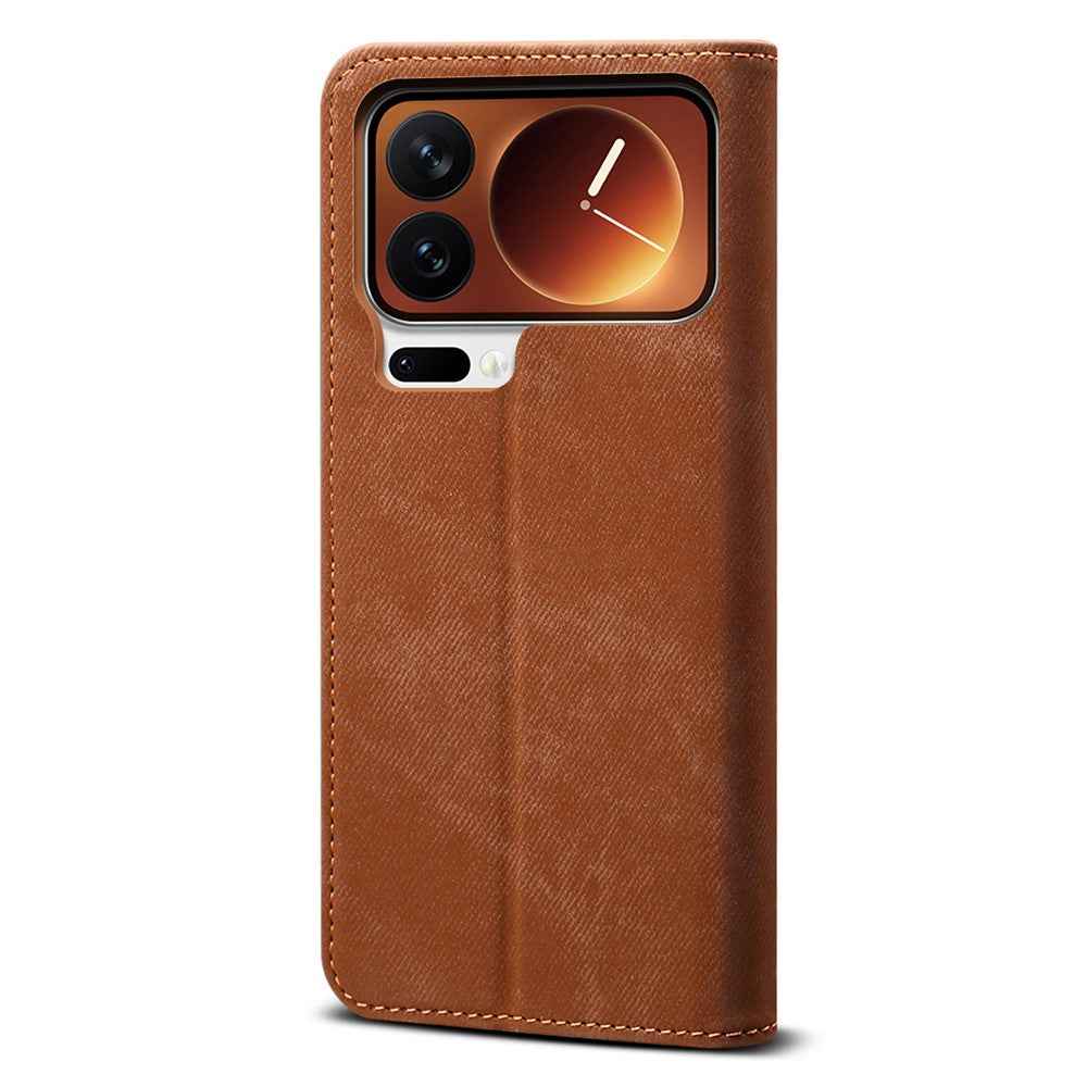 For Xiaomi 17 Pro Case Jeans Cloth Texture Anti-Scratch Leather Stand Phone Cover - Coffee
