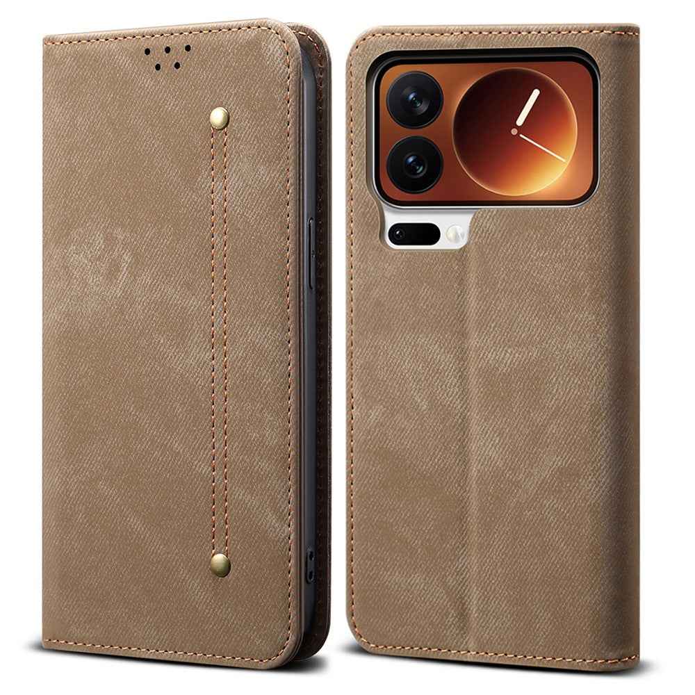 For Xiaomi 17 Pro Case Jeans Cloth Texture Anti-Scratch Leather Stand Phone Cover - Khaki