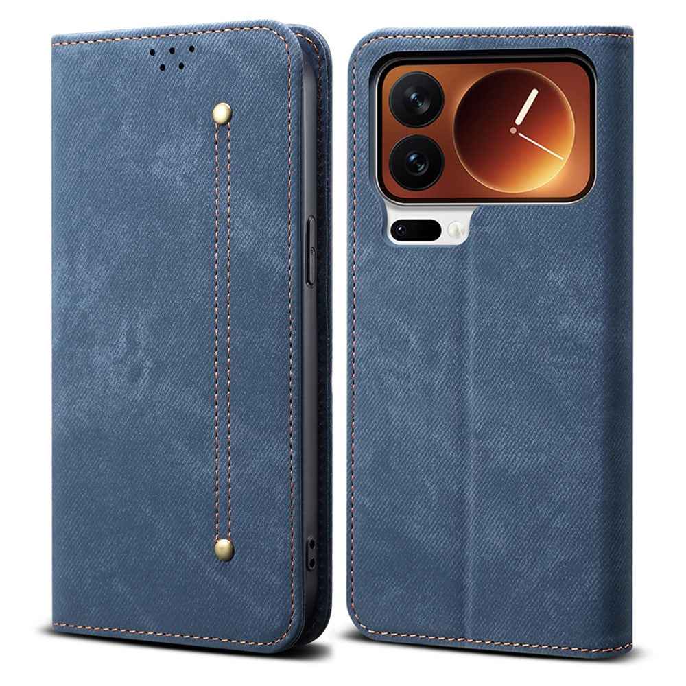 For Xiaomi 17 Pro Case Jeans Cloth Texture Anti-Scratch Leather Stand Phone Cover - Blue