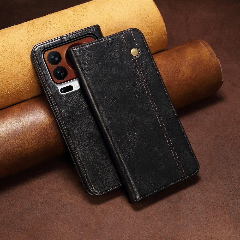 For Xiaomi 17 Pro Max Case Crazy Horse Texture Waxy Leather Wallet Stand Phone Cover - Black