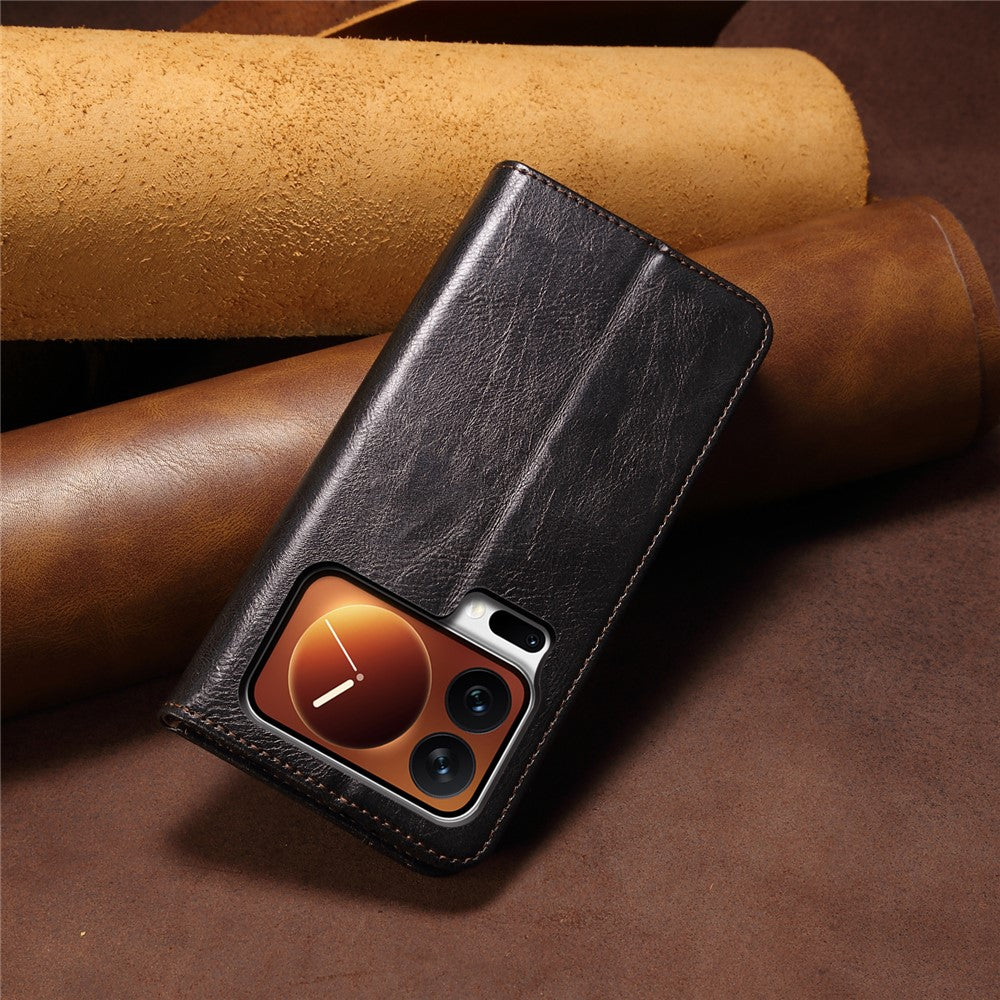 For Xiaomi 17 Pro Max Case Crazy Horse Texture Waxy Leather Wallet Stand Phone Cover - Black