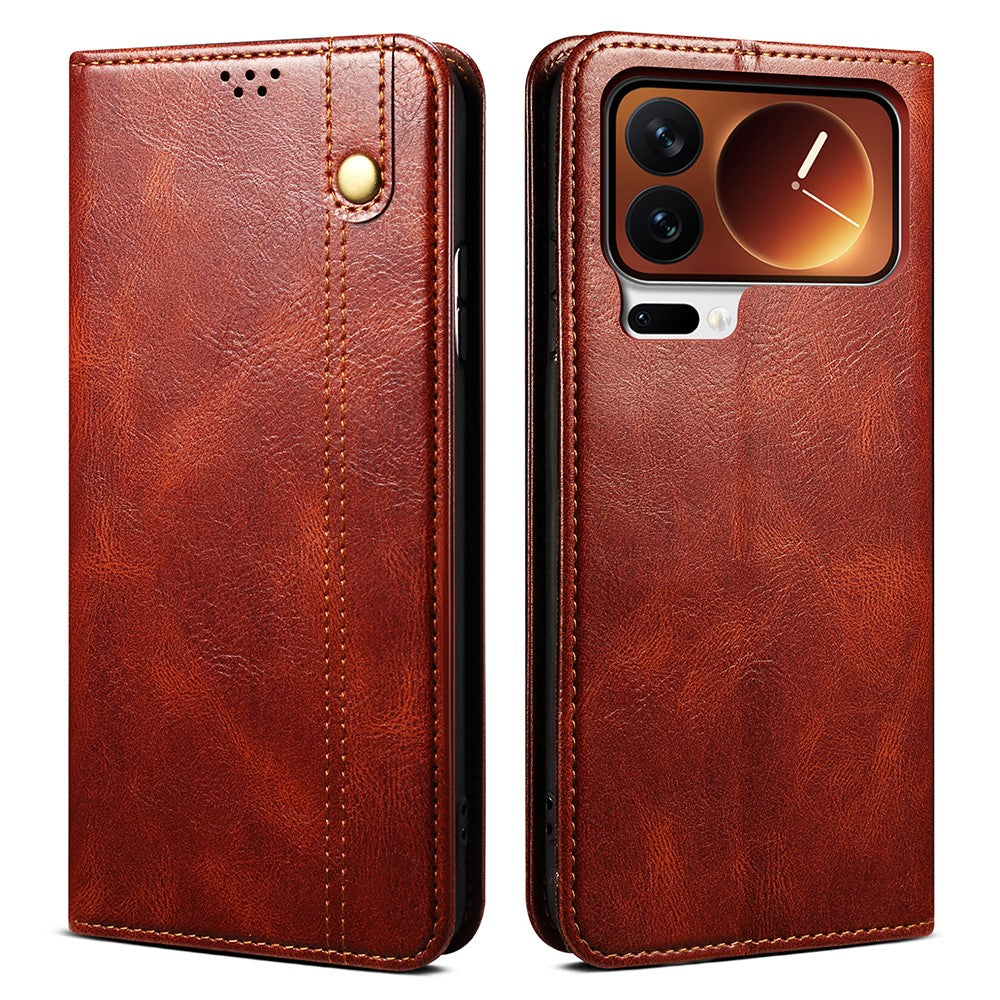 For Xiaomi 17 Pro Max Case Crazy Horse Texture Waxy Leather Wallet Stand Phone Cover - Brown