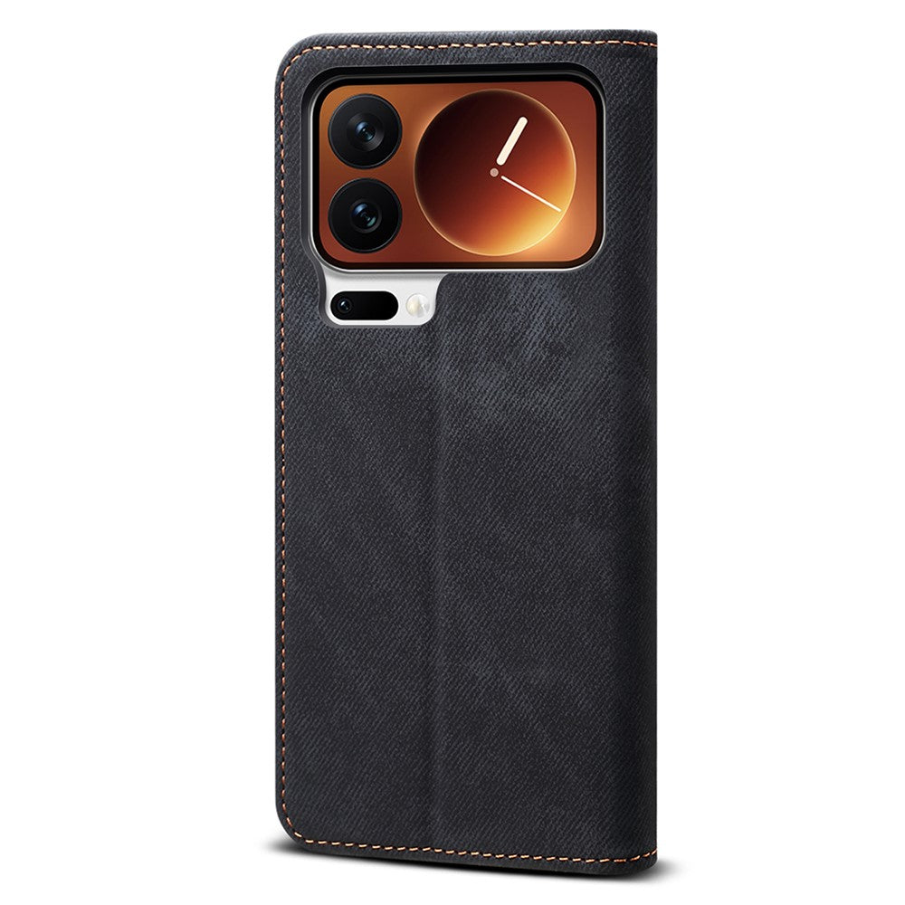 For Xiaomi 17 Pro Max Case Jeans Cloth Texture Anti-Scratch Leather Stand Phone Cover - Black