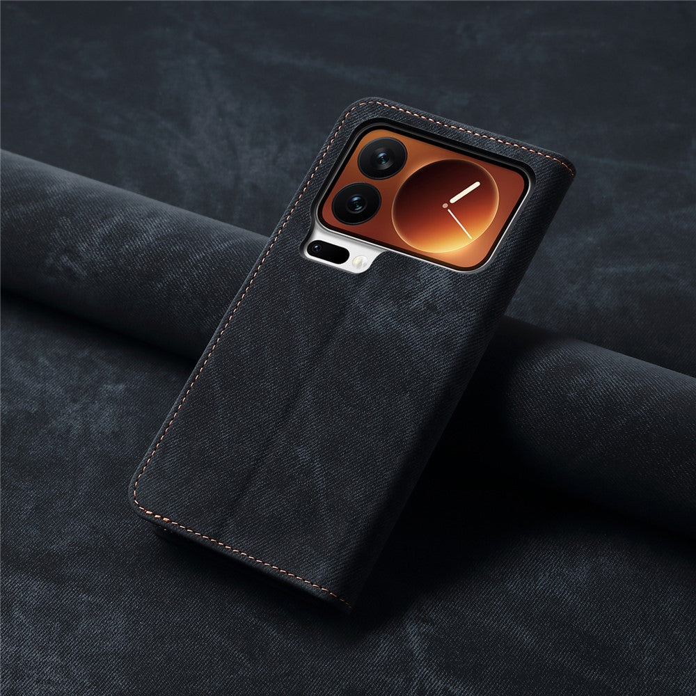 For Xiaomi 17 Pro Max Case Jeans Cloth Texture Anti-Scratch Leather Stand Phone Cover - Black