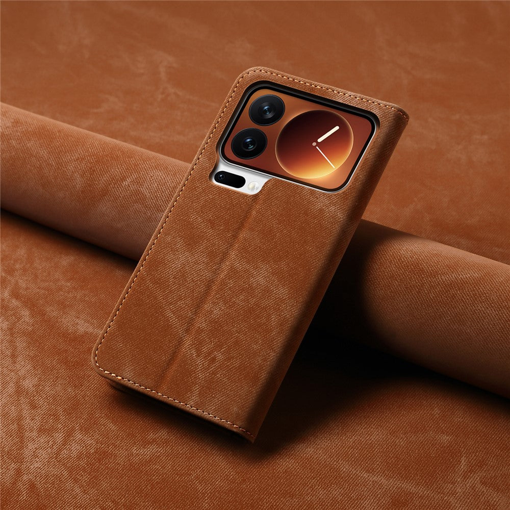 For Xiaomi 17 Pro Max Case Jeans Cloth Texture Anti-Scratch Leather Stand Phone Cover - Coffee