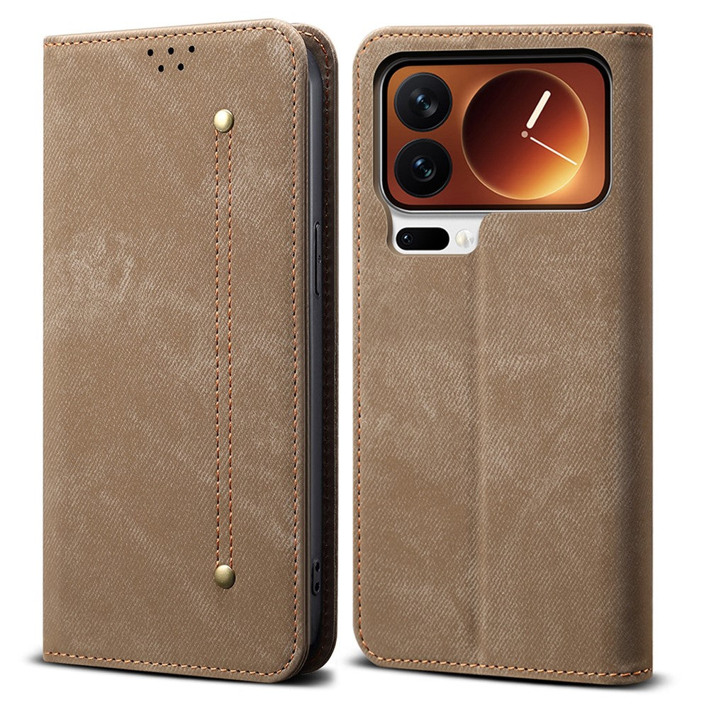 For Xiaomi 17 Pro Max Case Jeans Cloth Texture Anti-Scratch Leather Stand Phone Cover - Khaki