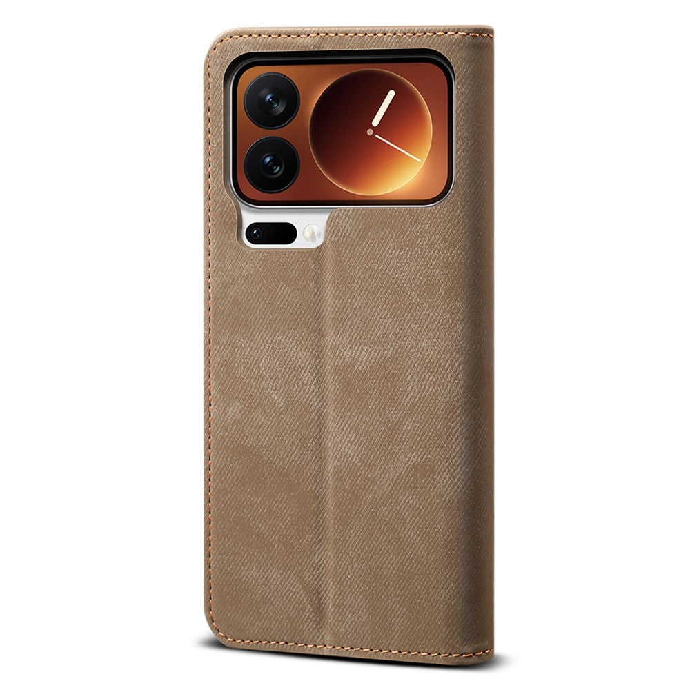 For Xiaomi 17 Pro Max Case Jeans Cloth Texture Anti-Scratch Leather Stand Phone Cover - Khaki