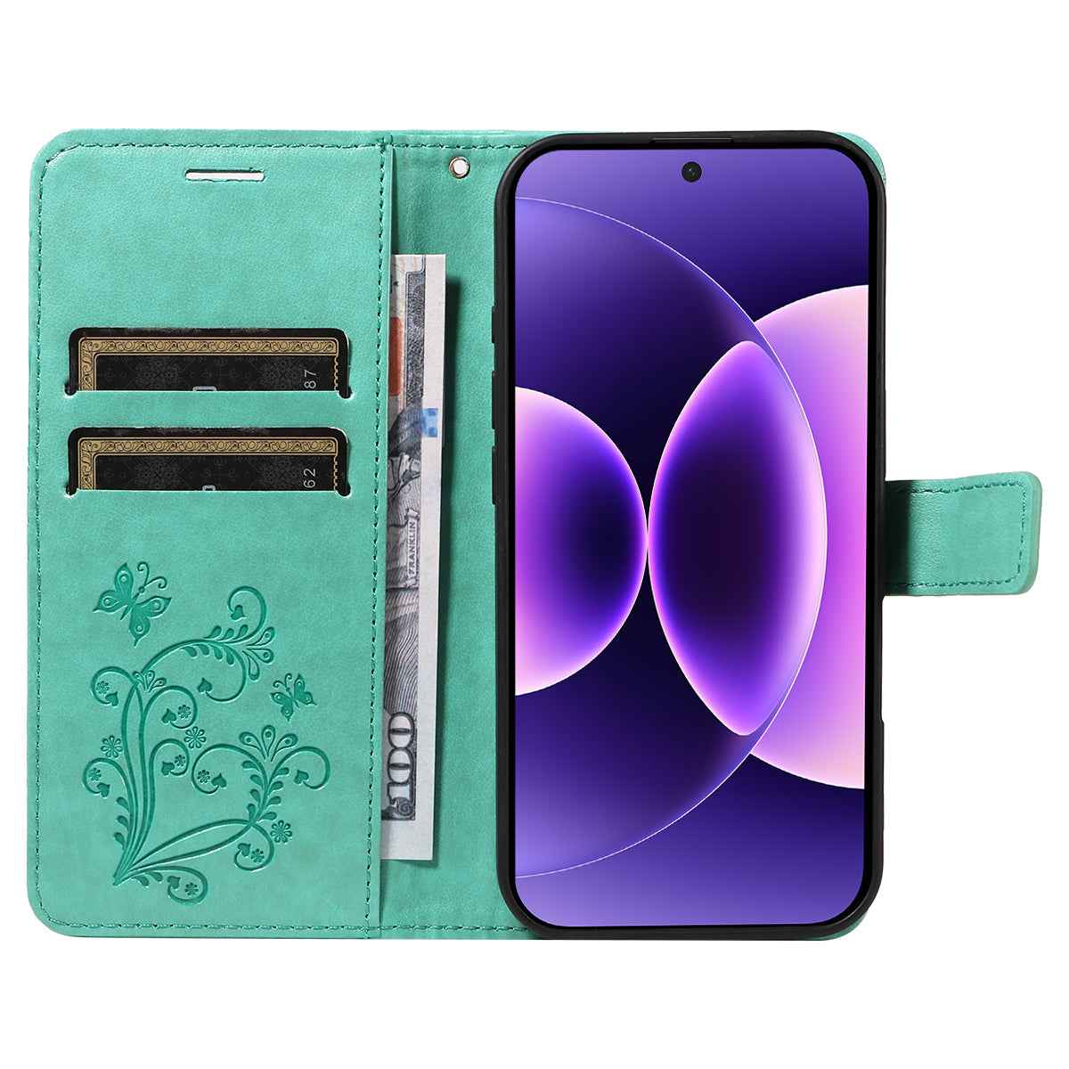 For Xiaomi 17 Pro Wallet Case Floral Butterfly Imprinted Leather Phone Cover Stand -  Green