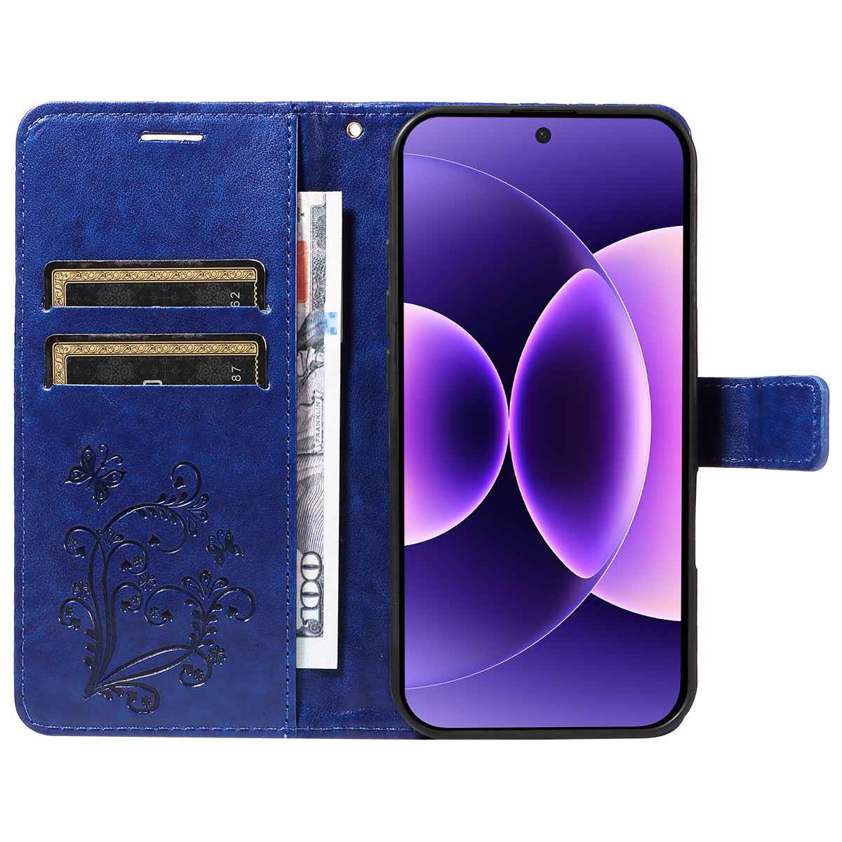 For Xiaomi 17 Pro Wallet Case Floral Butterfly Imprinted Leather Phone Cover Stand - Blue