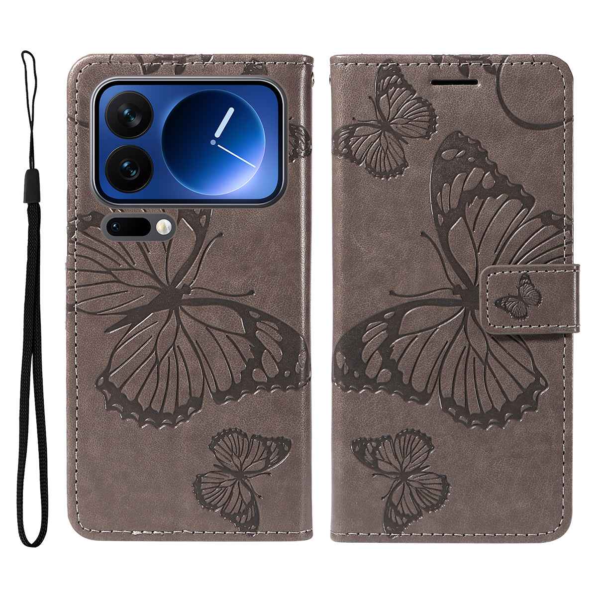For Xiaomi 17 Pro Wallet Case Floral Butterfly Imprinted Leather Phone Cover Stand - Grey