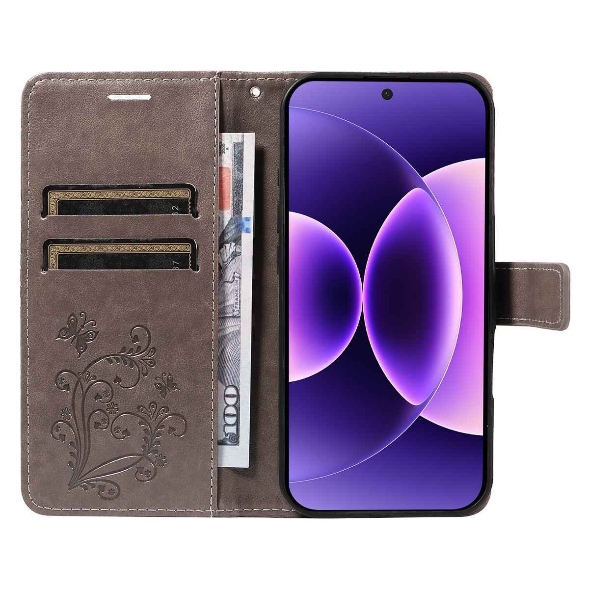 For Xiaomi 17 Pro Wallet Case Floral Butterfly Imprinted Leather Phone Cover Stand - Grey