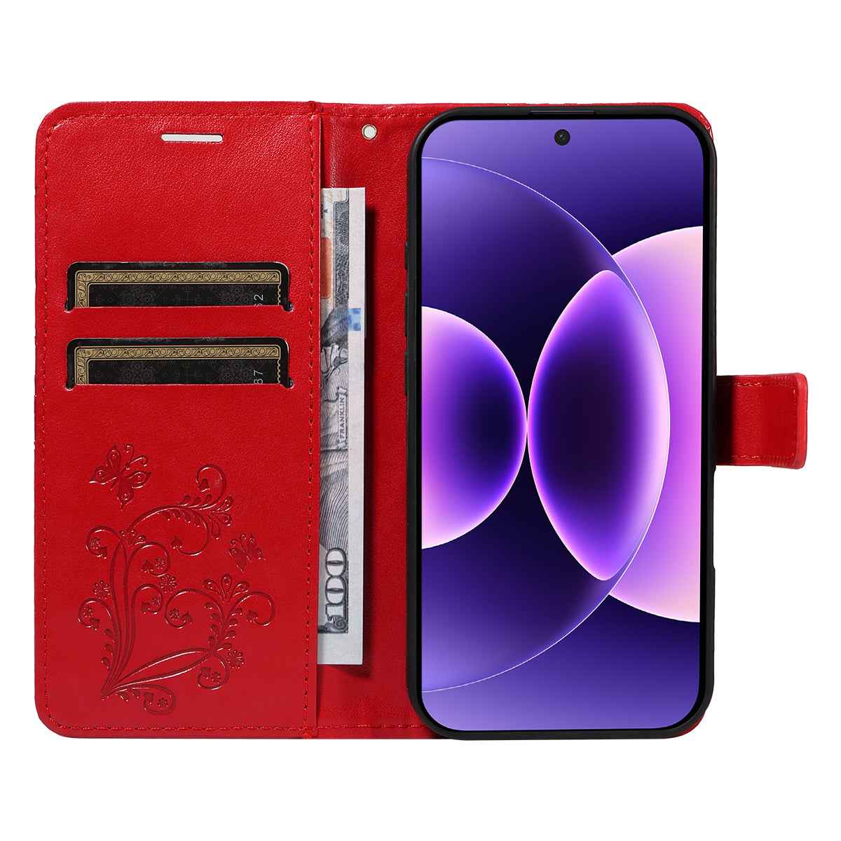 For Xiaomi 17 Pro Wallet Case Floral Butterfly Imprinted Leather Phone Cover Stand - Red