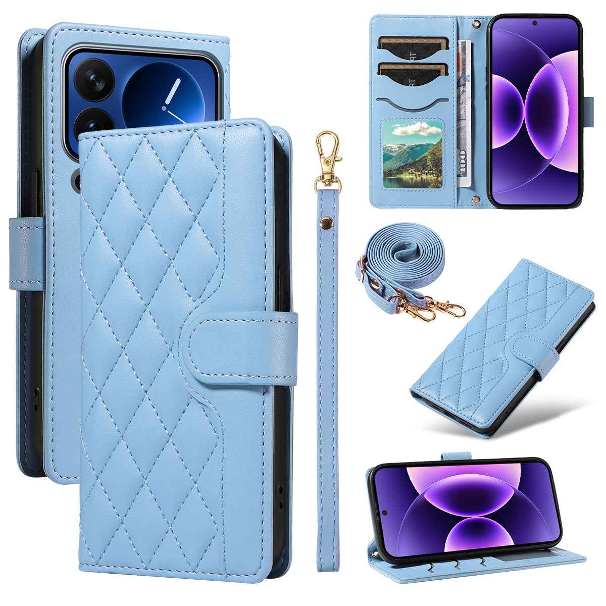 For Xiaomi 17 Pro Wallet Case Rhombus Leather Phone Cover with Strap - Blue