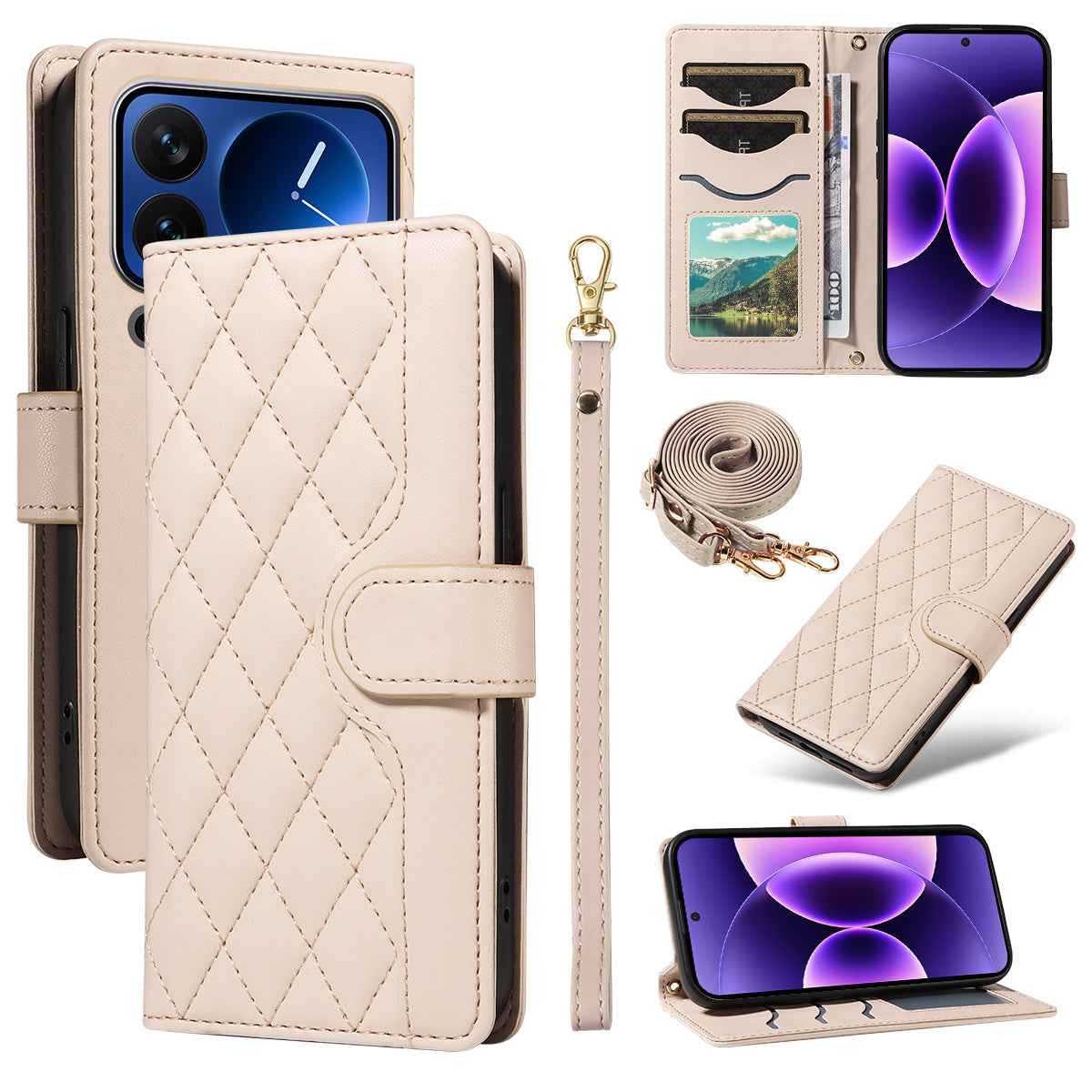 For Xiaomi 17 Pro Wallet Case Rhombus Leather Phone Cover with Strap - Apricot