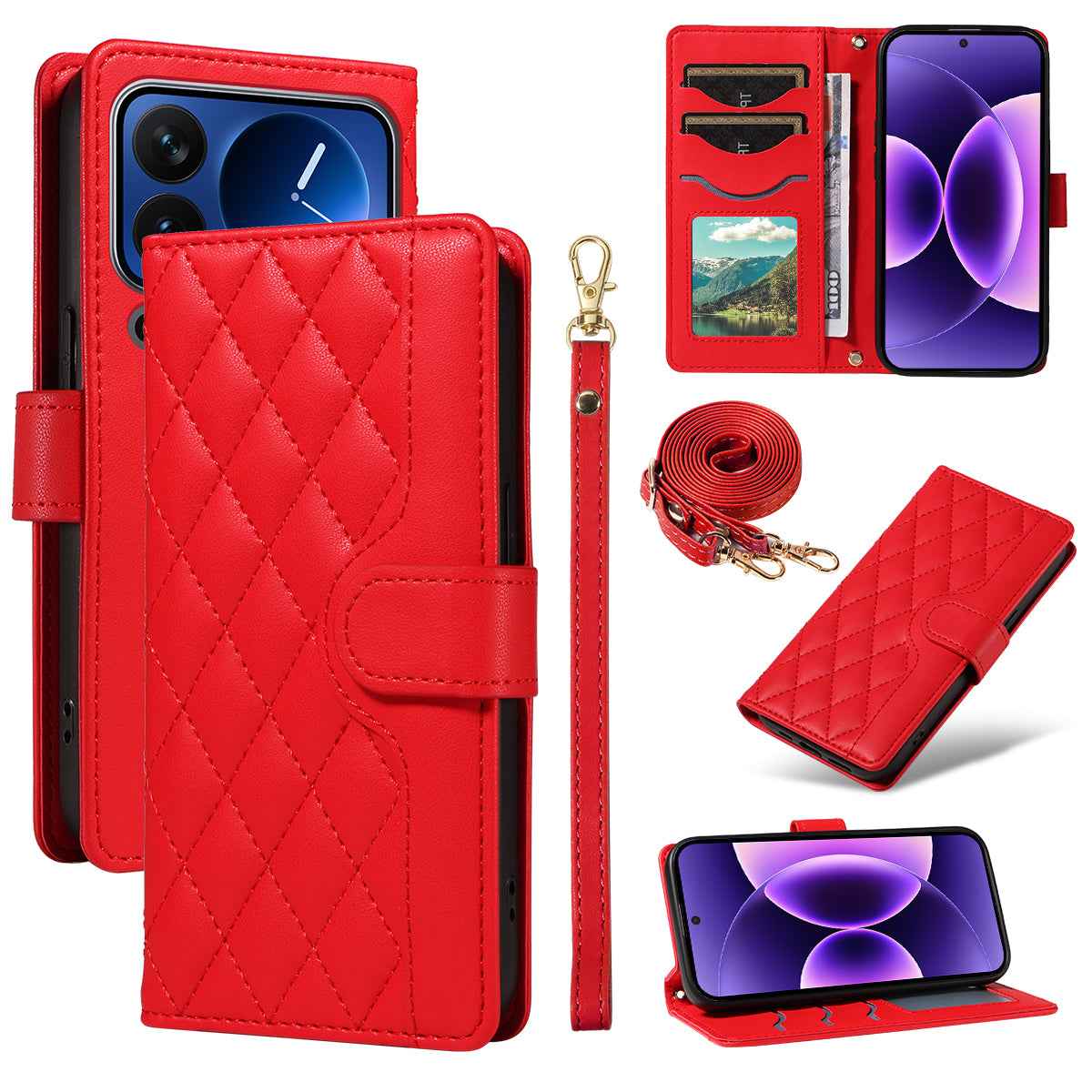 For Xiaomi 17 Pro Wallet Case Rhombus Leather Phone Cover with Strap -  Red