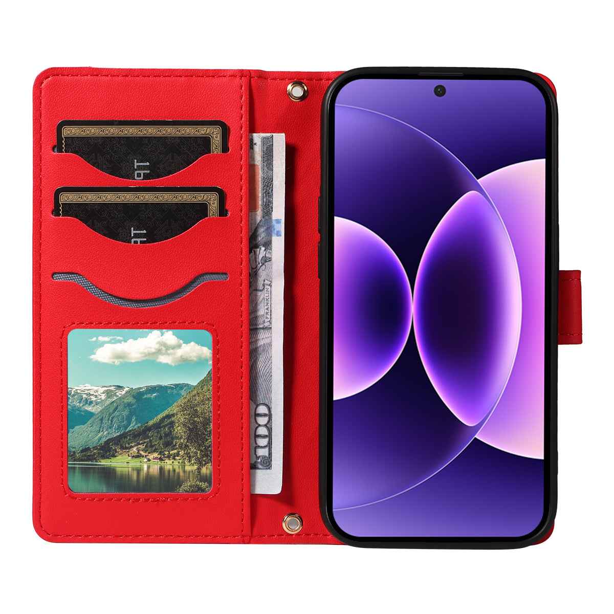 For Xiaomi 17 Pro Wallet Case Rhombus Leather Phone Cover with Strap -  Red