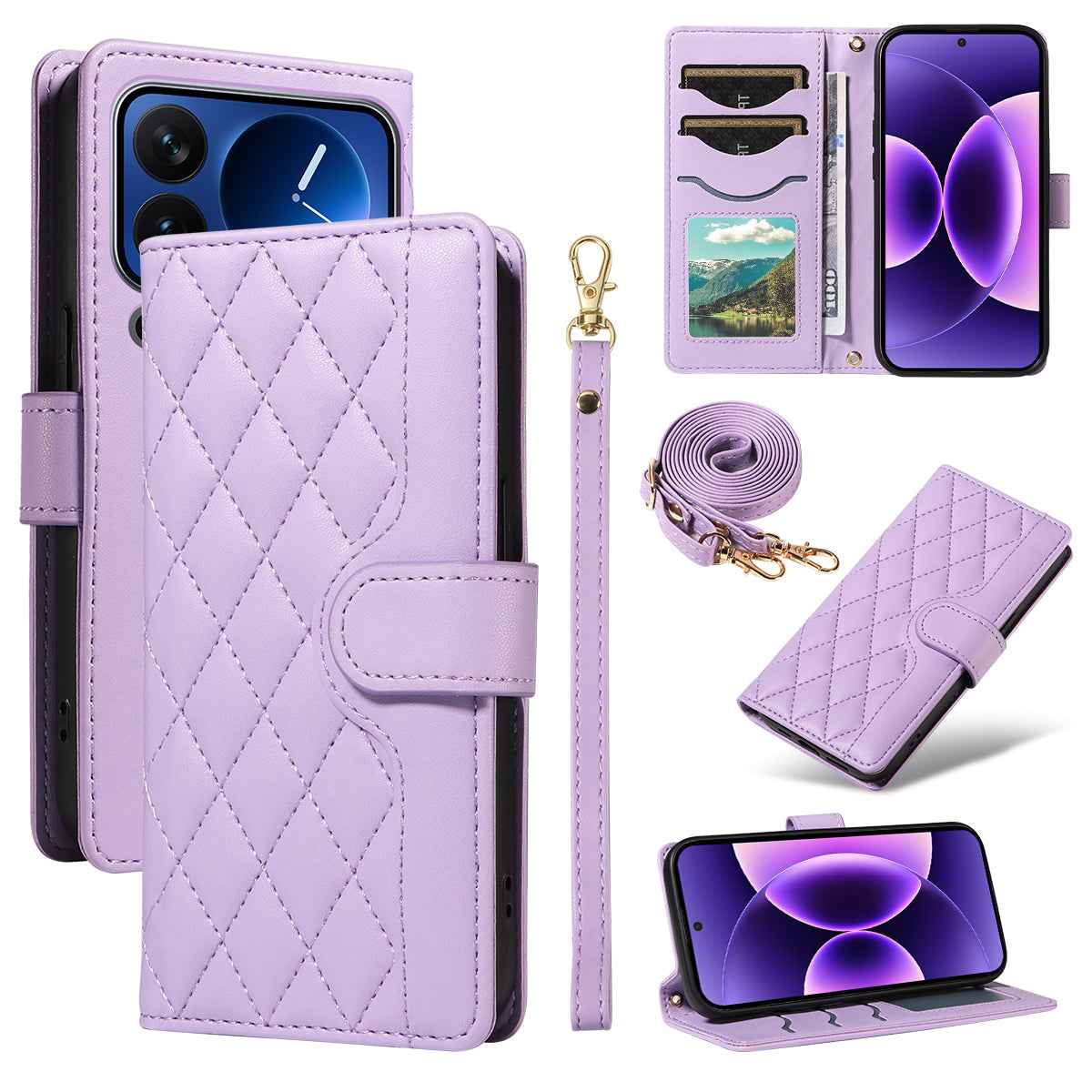 For Xiaomi 17 Pro Wallet Case Rhombus Leather Phone Cover with Strap -  Light Purple