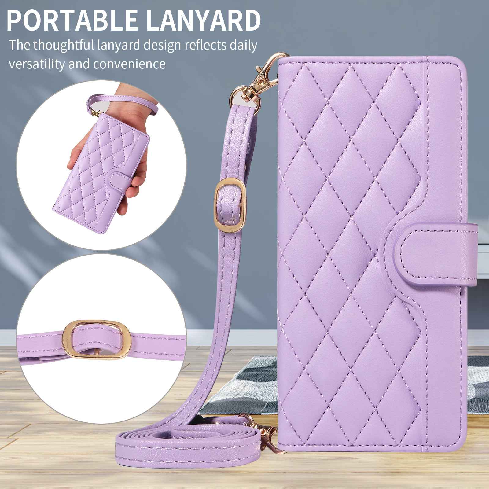 For Xiaomi 17 Pro Wallet Case Rhombus Leather Phone Cover with Strap -  Light Purple