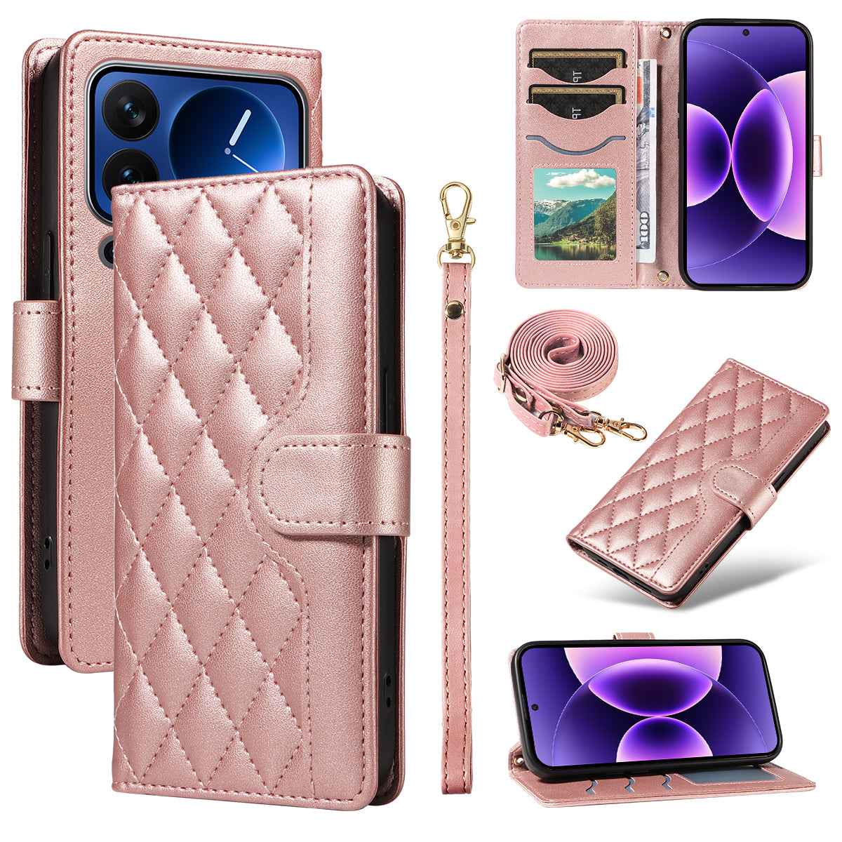 For Xiaomi 17 Pro Wallet Case Rhombus Leather Phone Cover with Strap -  Rose Gold