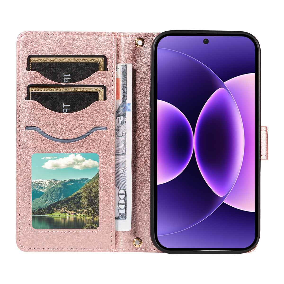 For Xiaomi 17 Pro Wallet Case Rhombus Leather Phone Cover with Strap -  Rose Gold