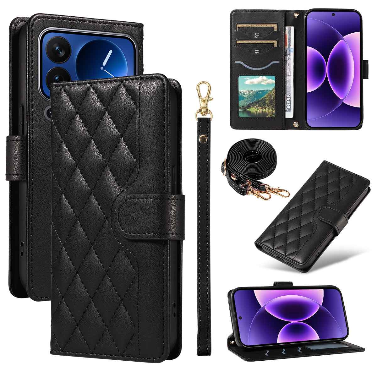For Xiaomi 17 Pro Wallet Case Rhombus Leather Phone Cover with Strap - Black