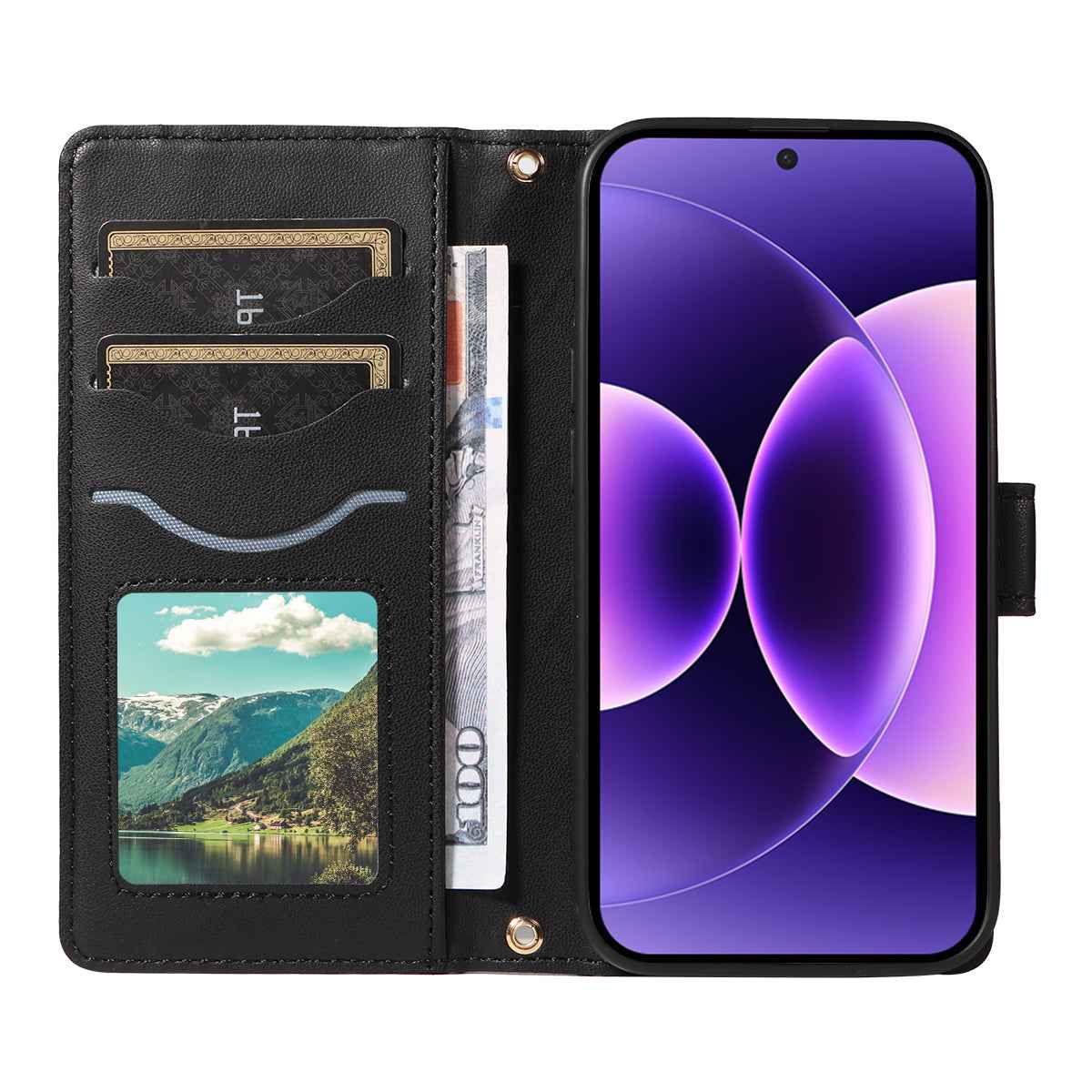 For Xiaomi 17 Pro Wallet Case Rhombus Leather Phone Cover with Strap - Black