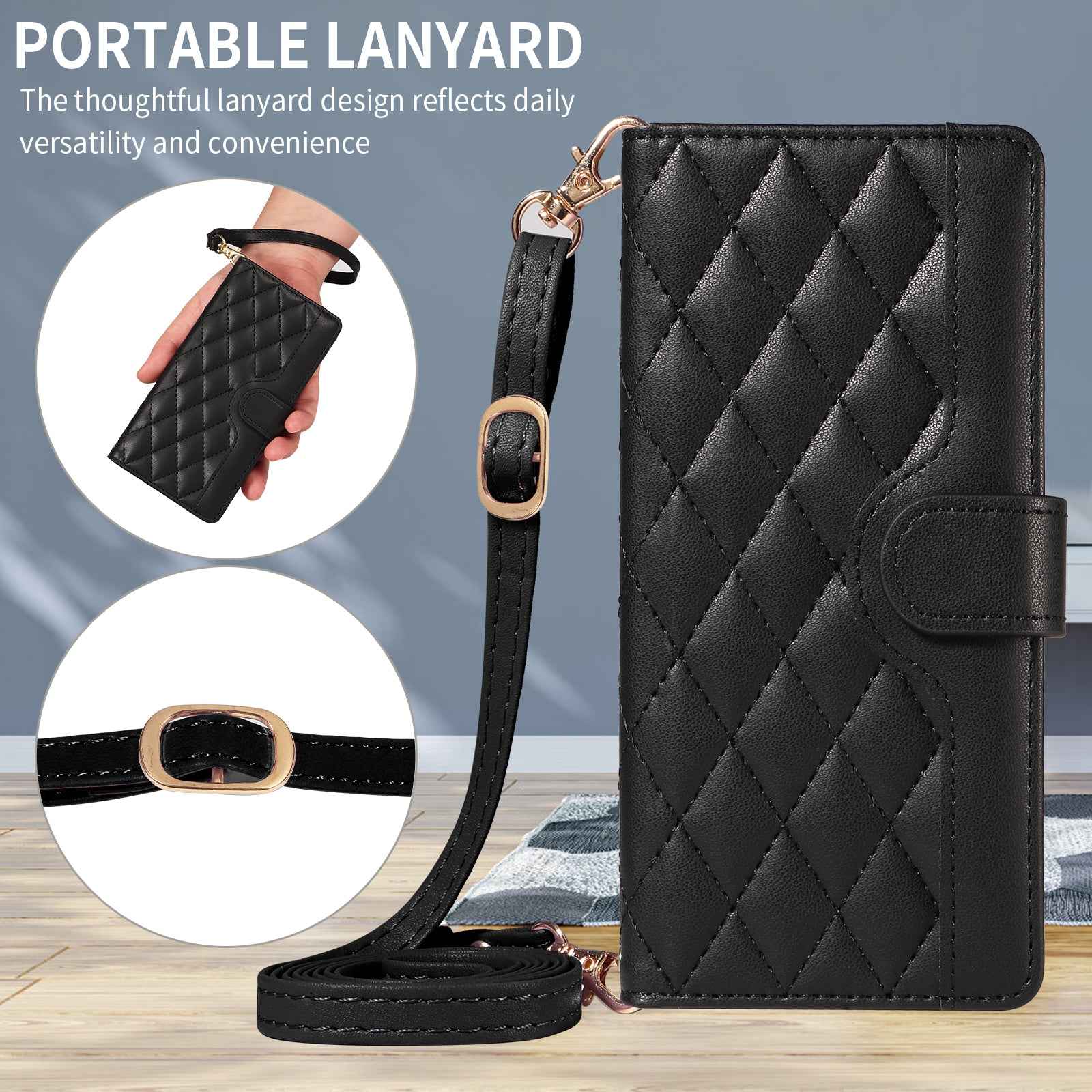 For Xiaomi 17 Pro Wallet Case Rhombus Leather Phone Cover with Strap - Black