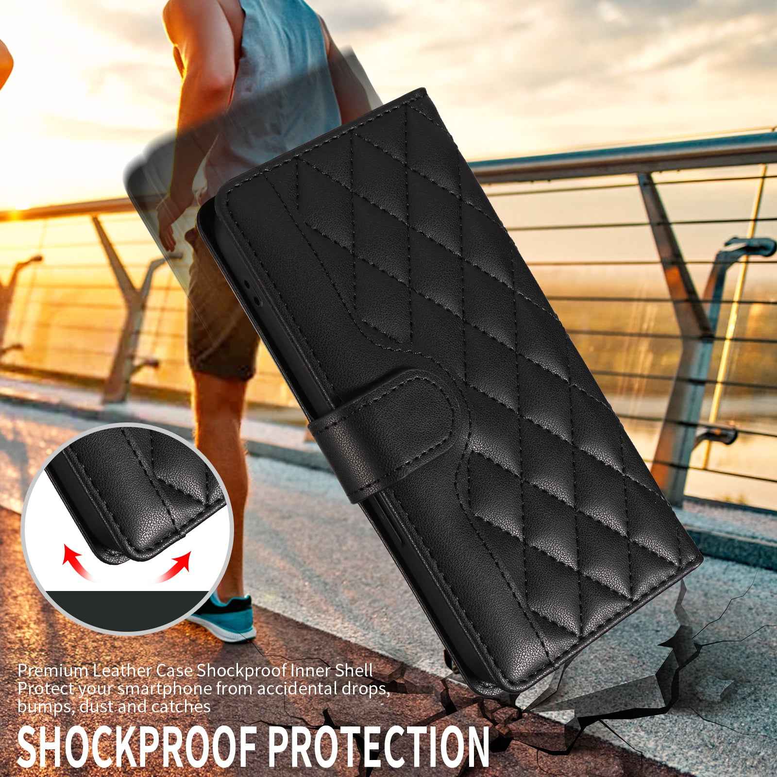 For Xiaomi 17 Pro Wallet Case Rhombus Leather Phone Cover with Strap - Black