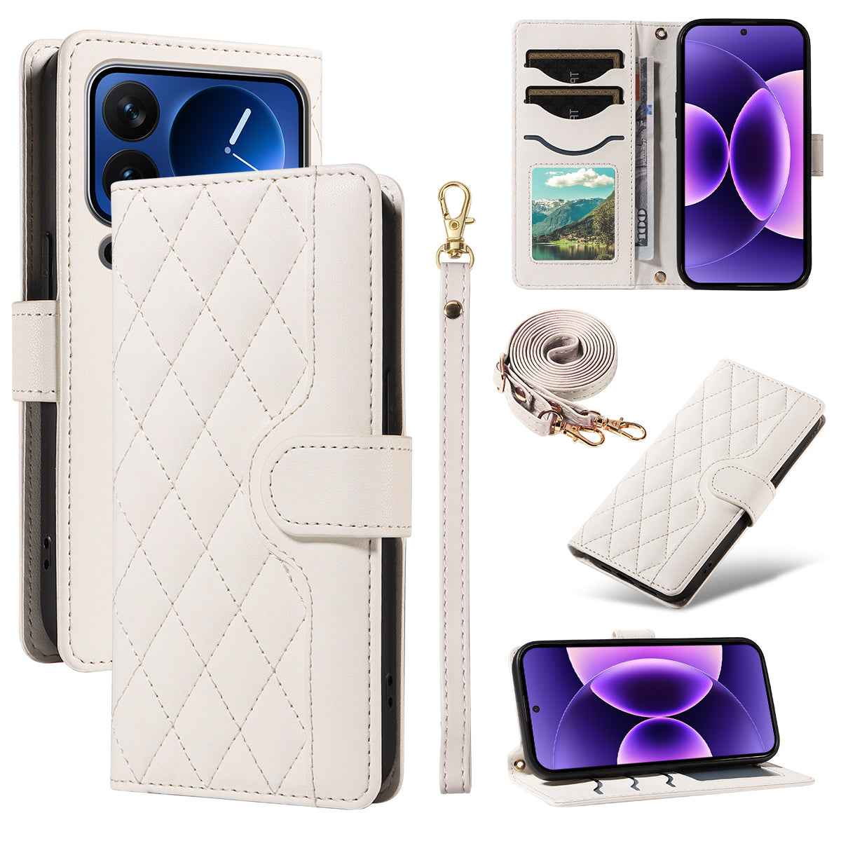 For Xiaomi 17 Pro Wallet Case Rhombus Leather Phone Cover with Strap - White