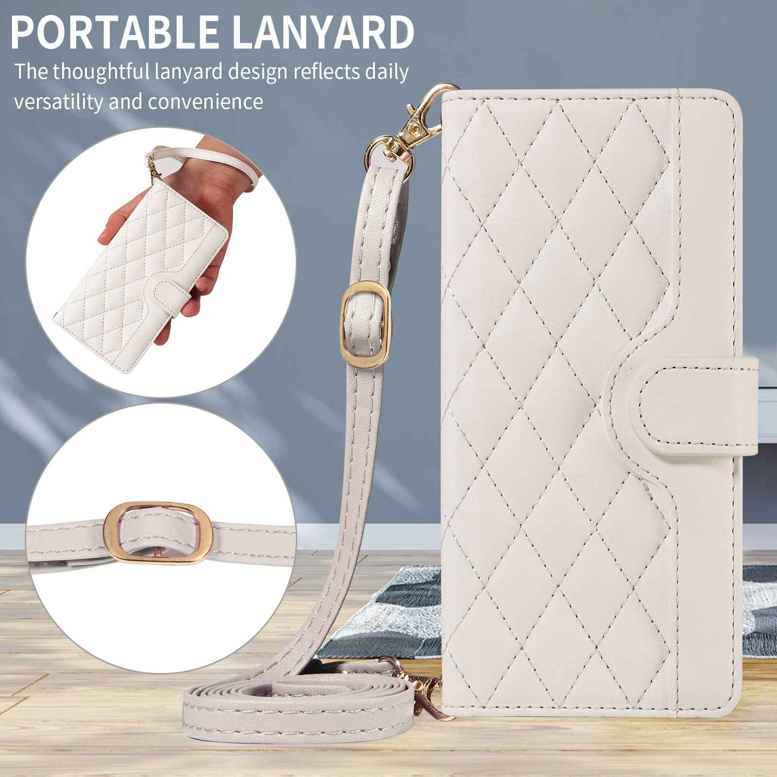 For Xiaomi 17 Pro Wallet Case Rhombus Leather Phone Cover with Strap - White