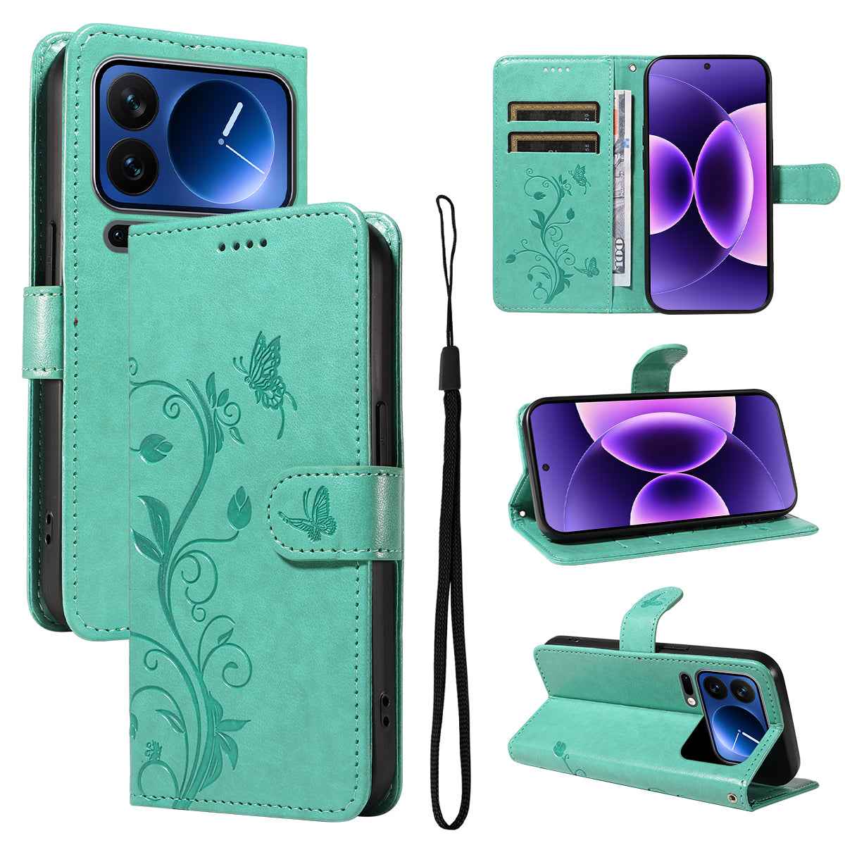 For Xiaomi 17 Pro PU Leather Cases Flower Pattern Wallet Stand Phone Cover with Strap - Green