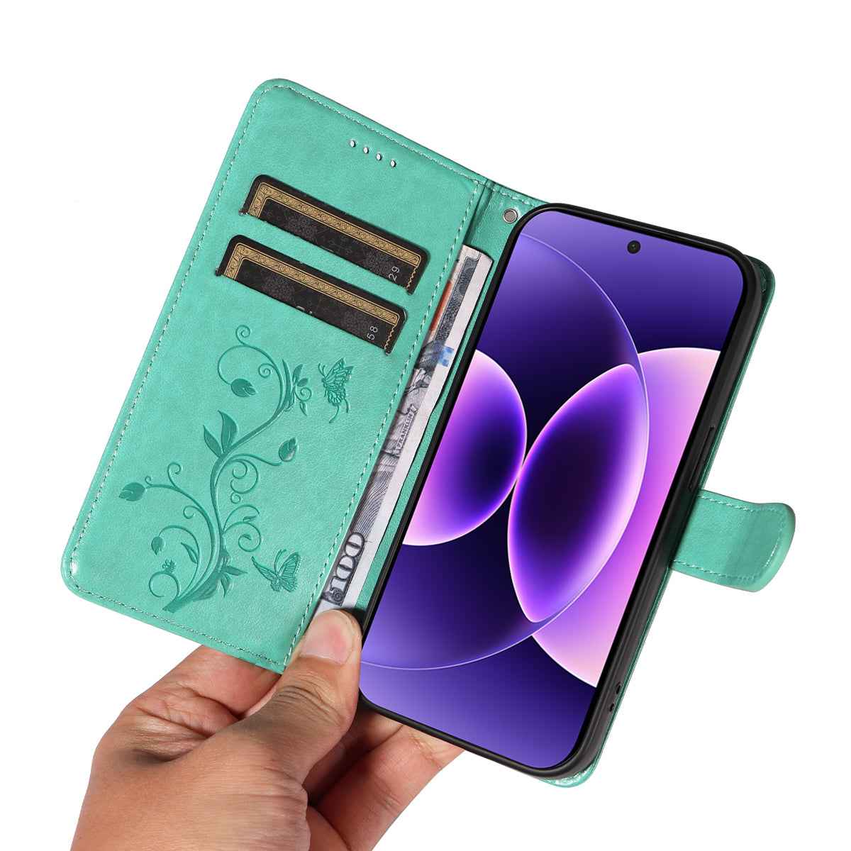 For Xiaomi 17 Pro PU Leather Cases Flower Pattern Wallet Stand Phone Cover with Strap - Green