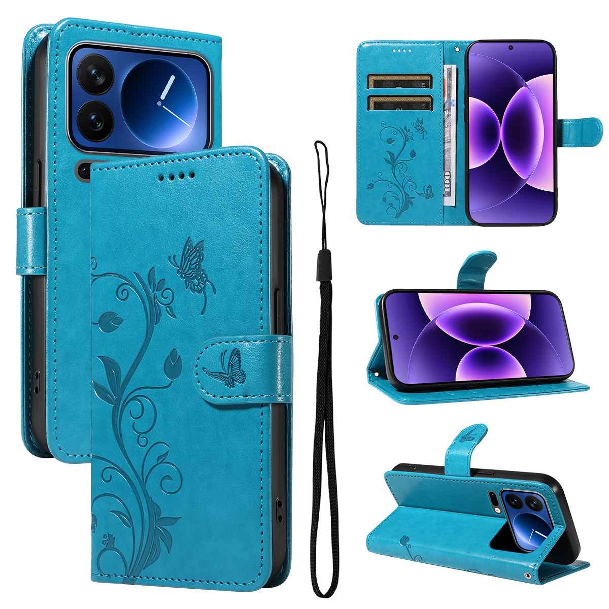 For Xiaomi 17 Pro PU Leather Cases Flower Pattern Wallet Stand Phone Cover with Strap - Blue