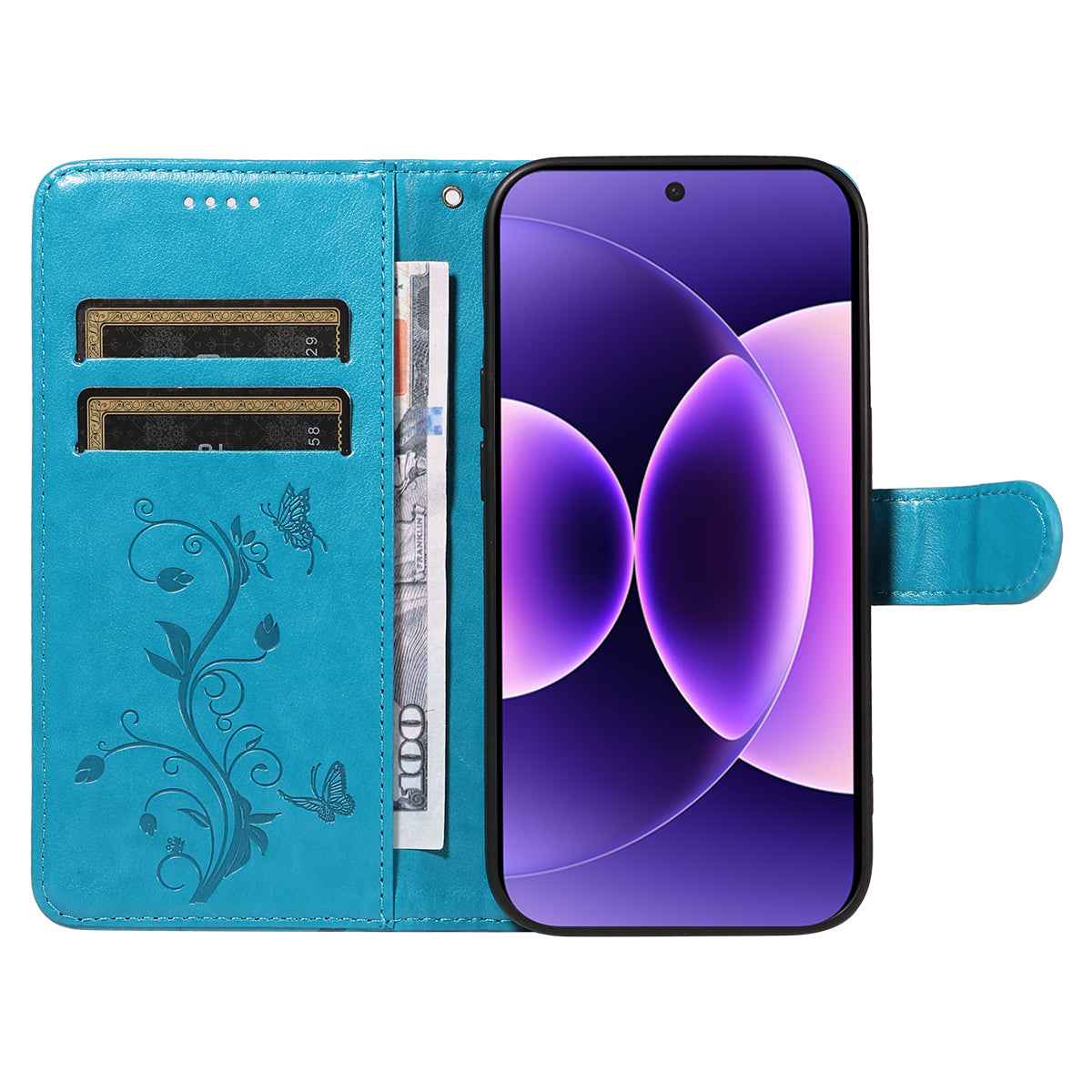 For Xiaomi 17 Pro PU Leather Cases Flower Pattern Wallet Stand Phone Cover with Strap - Blue