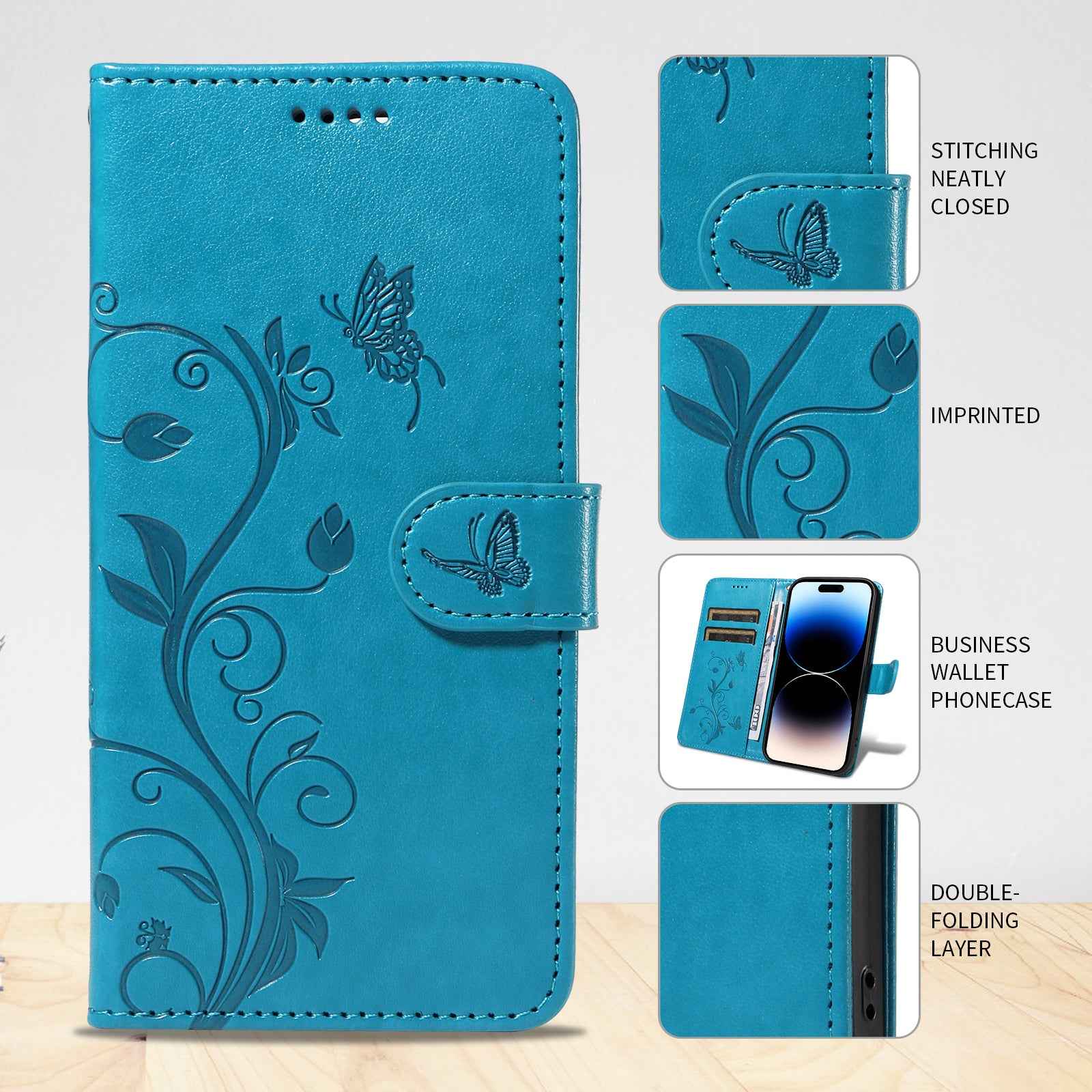 For Xiaomi 17 Pro PU Leather Cases Flower Pattern Wallet Stand Phone Cover with Strap - Blue
