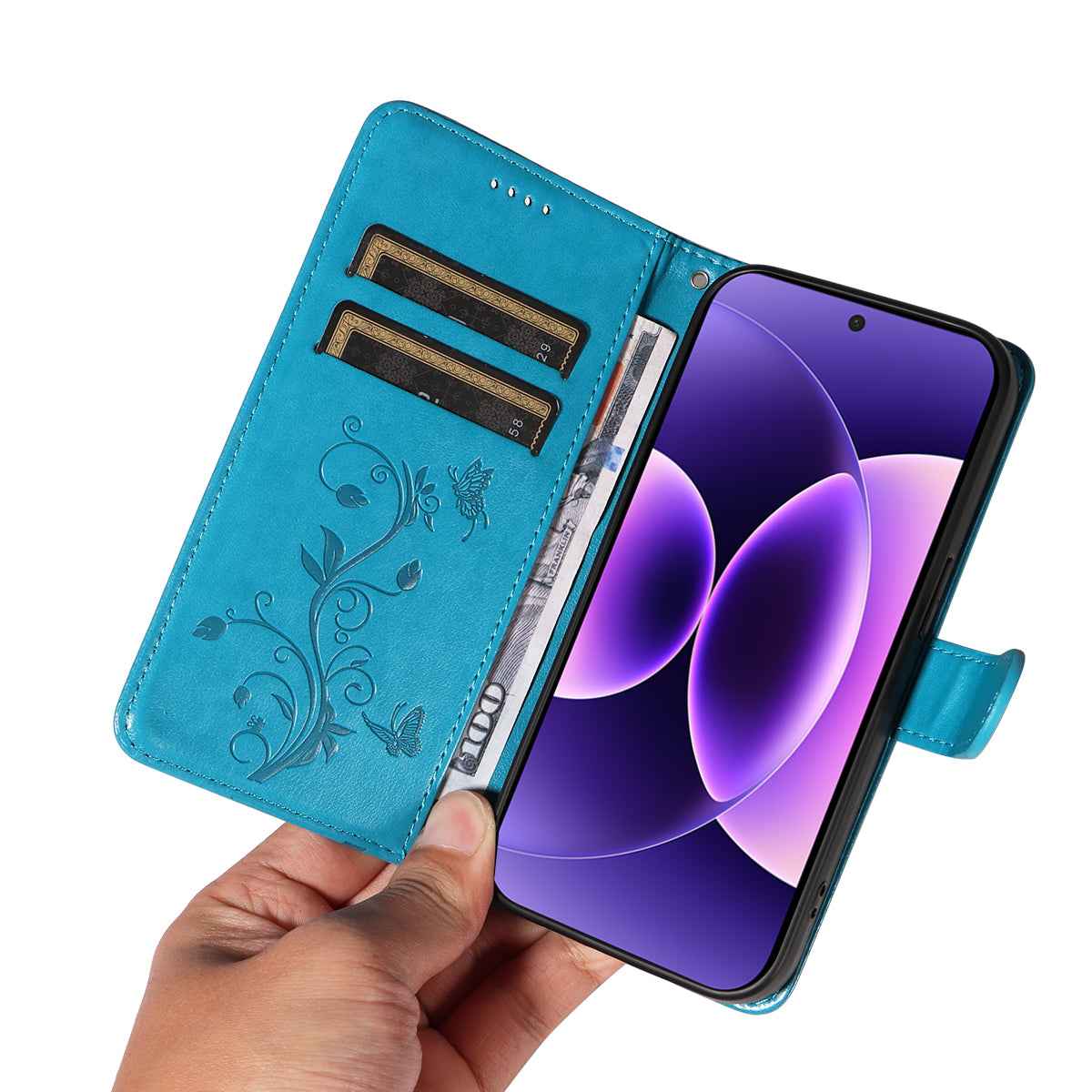 For Xiaomi 17 Pro PU Leather Cases Flower Pattern Wallet Stand Phone Cover with Strap - Blue