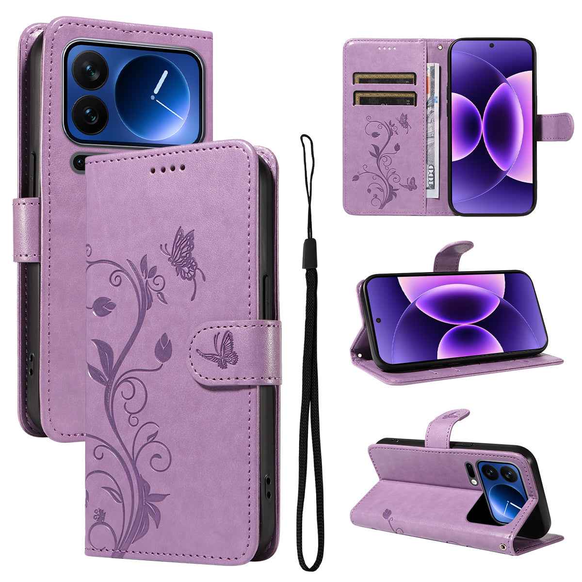 For Xiaomi 17 Pro PU Leather Cases Flower Pattern Wallet Stand Phone Cover with Strap -  Light Purple