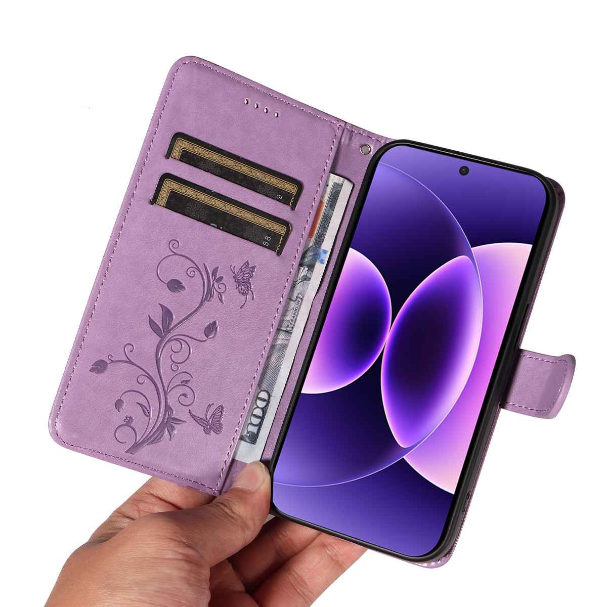For Xiaomi 17 Pro PU Leather Cases Flower Pattern Wallet Stand Phone Cover with Strap -  Light Purple