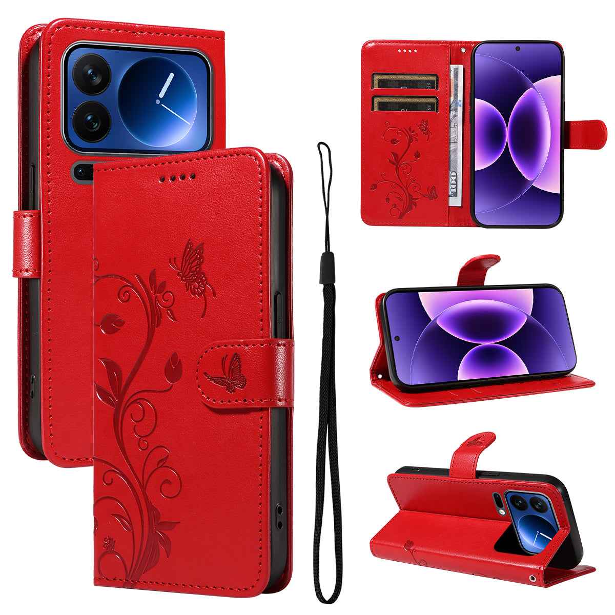 For Xiaomi 17 Pro PU Leather Cases Flower Pattern Wallet Stand Phone Cover with Strap - Red