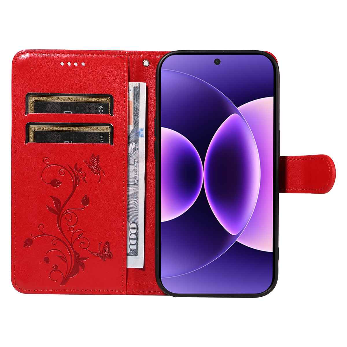 For Xiaomi 17 Pro PU Leather Cases Flower Pattern Wallet Stand Phone Cover with Strap - Red