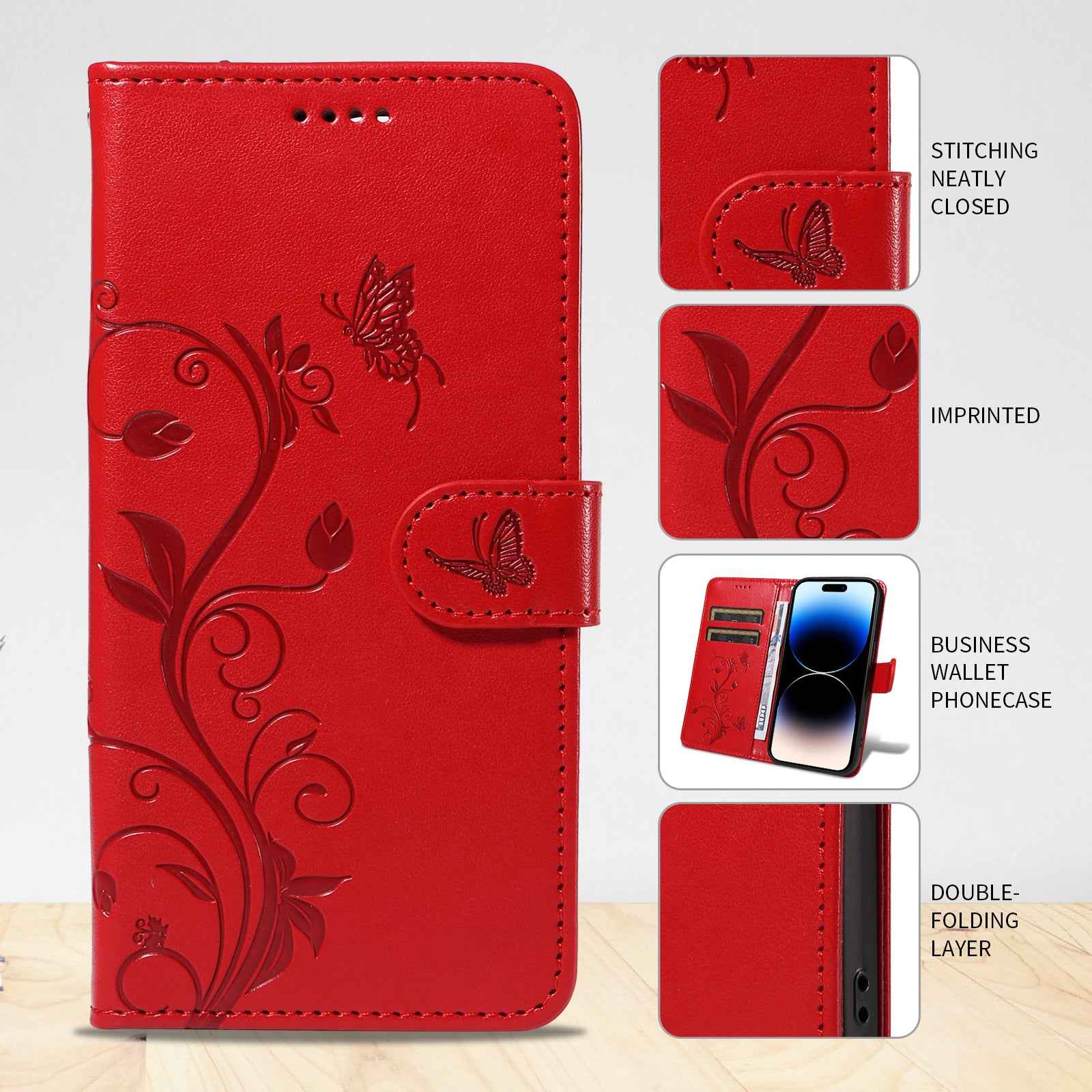 For Xiaomi 17 Pro PU Leather Cases Flower Pattern Wallet Stand Phone Cover with Strap - Red