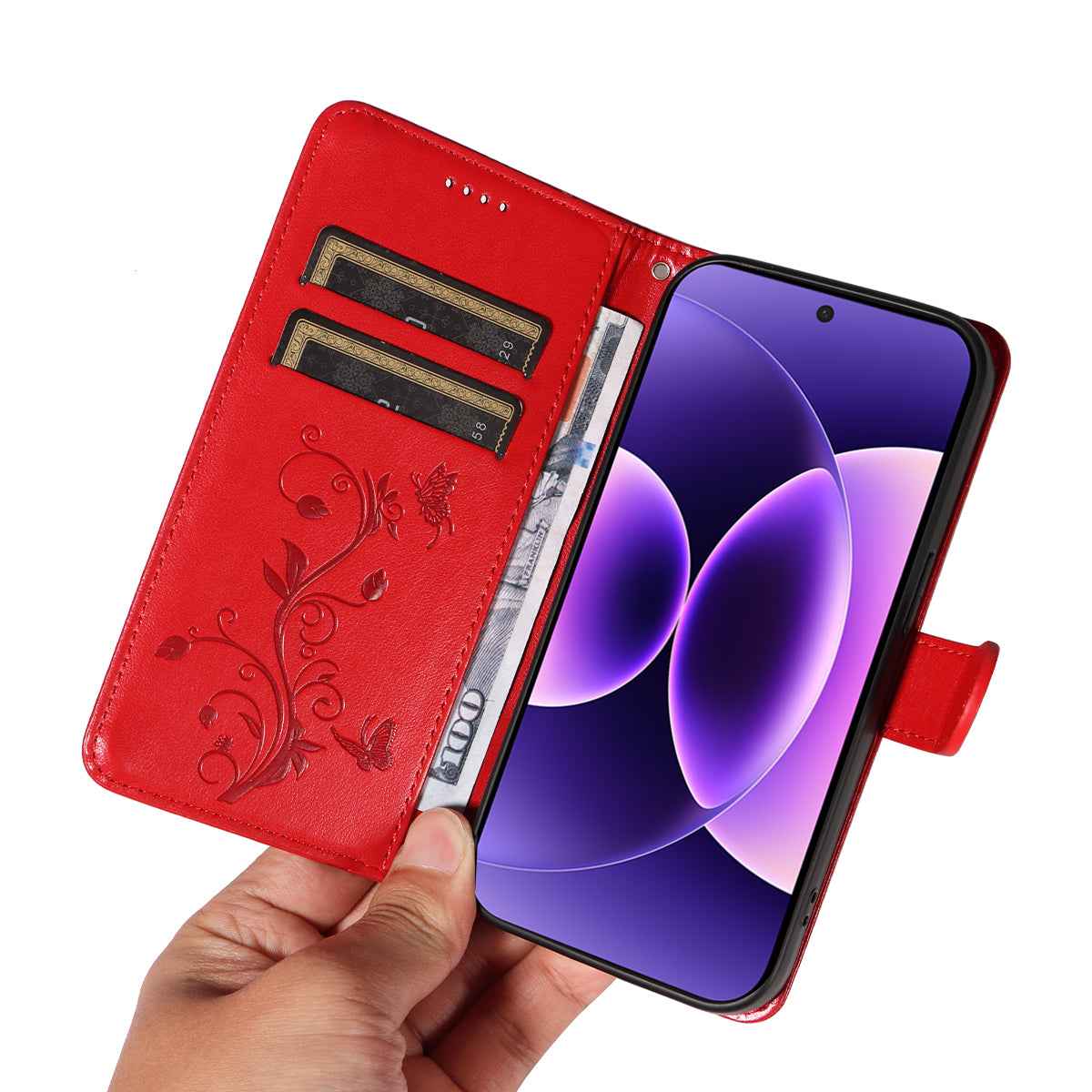 For Xiaomi 17 Pro PU Leather Cases Flower Pattern Wallet Stand Phone Cover with Strap - Red