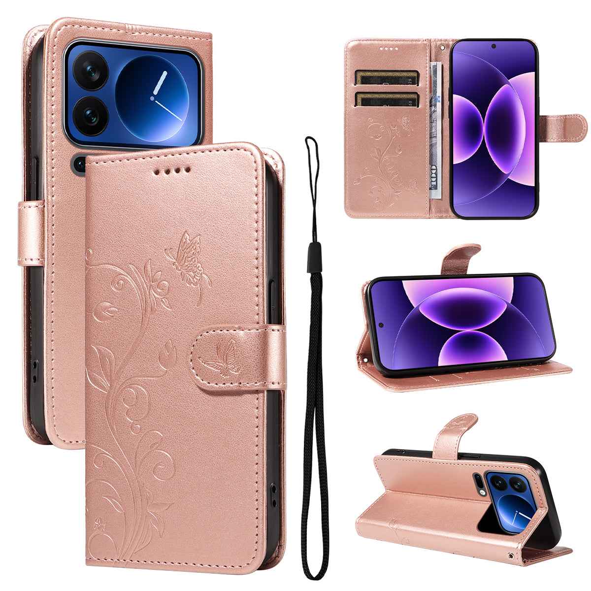 For Xiaomi 17 Pro PU Leather Cases Flower Pattern Wallet Stand Phone Cover with Strap - Rose Gold