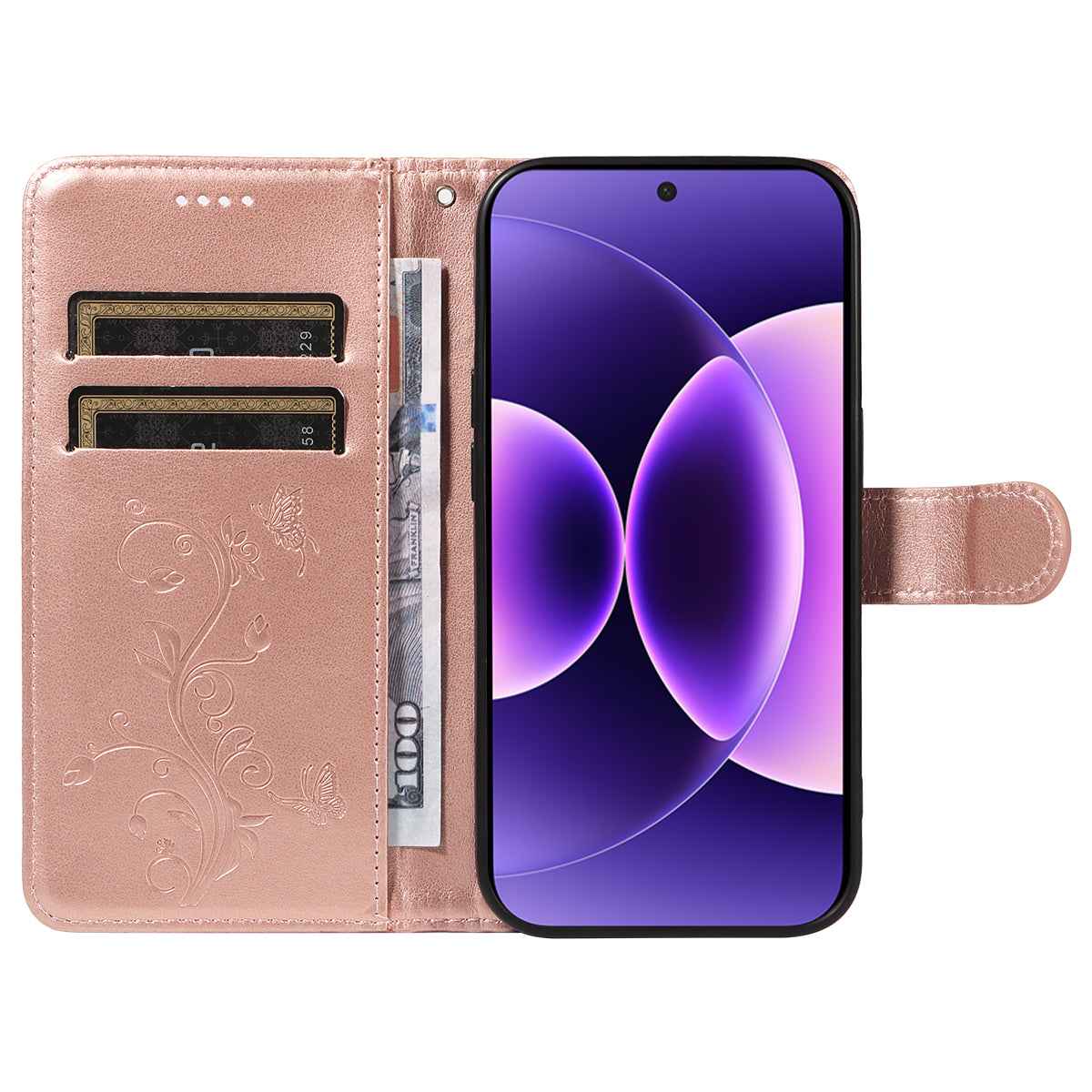 For Xiaomi 17 Pro PU Leather Cases Flower Pattern Wallet Stand Phone Cover with Strap - Rose Gold