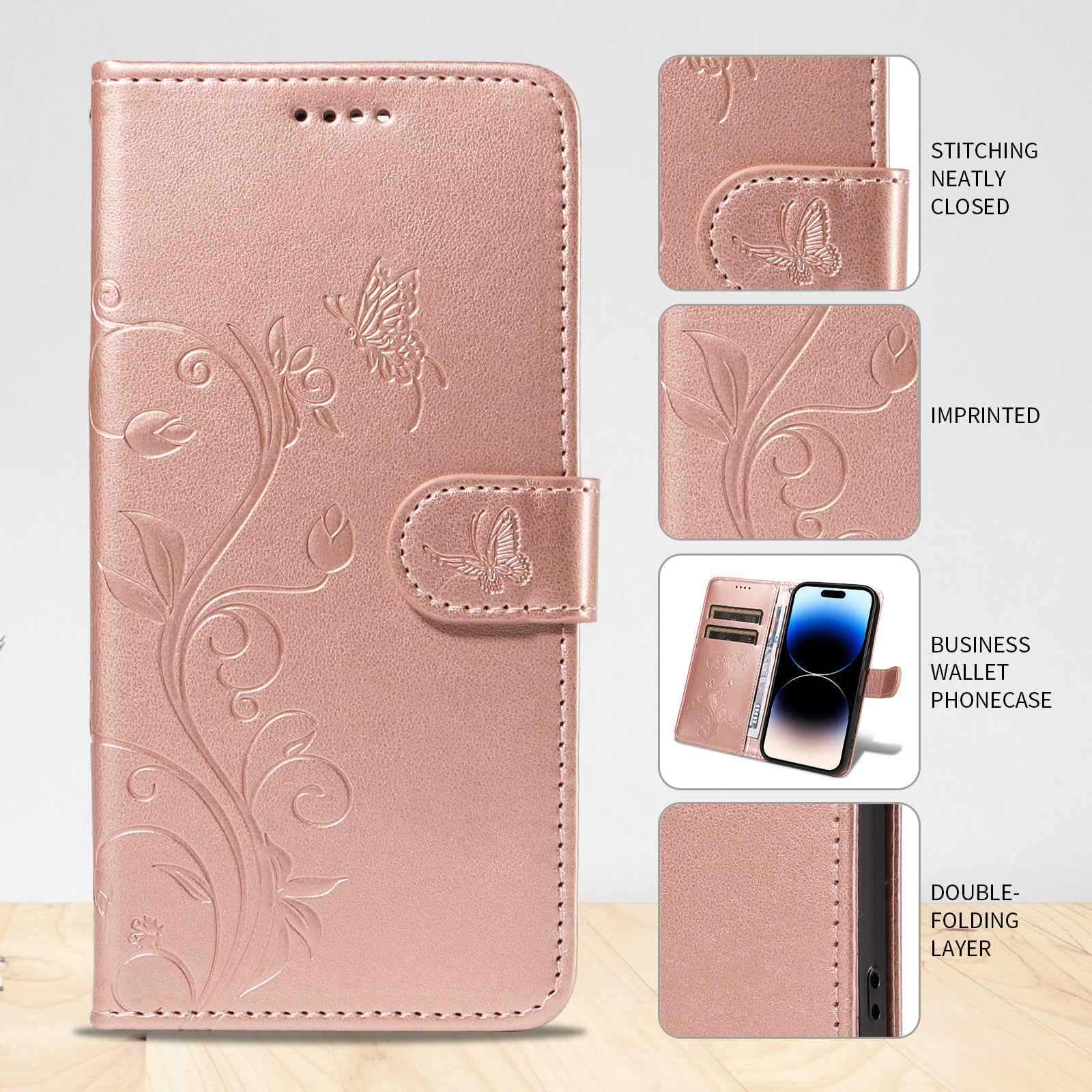 For Xiaomi 17 Pro PU Leather Cases Flower Pattern Wallet Stand Phone Cover with Strap - Rose Gold